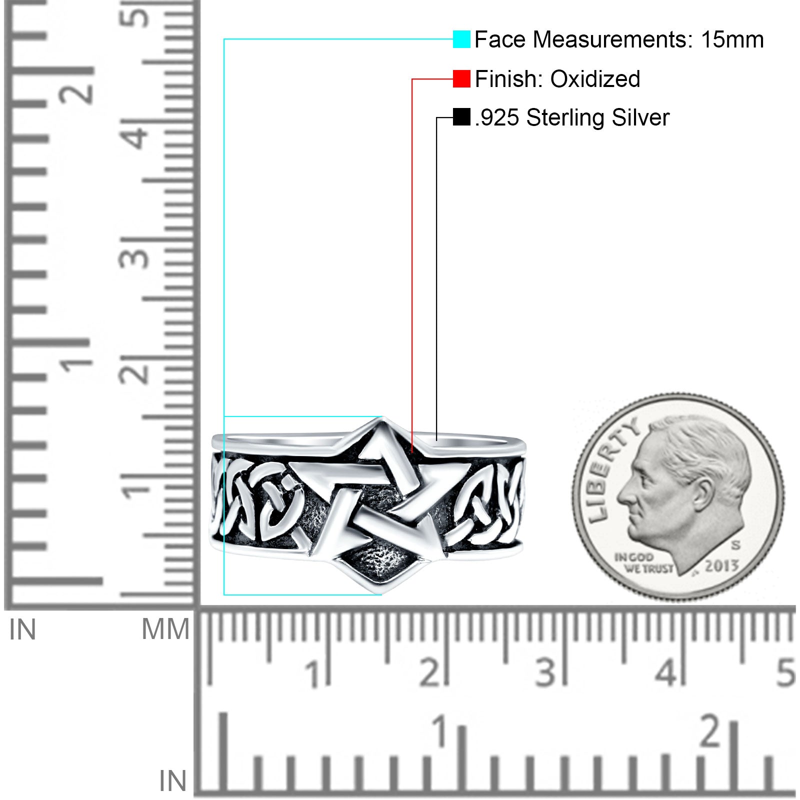 Celtic Pentagram Star Oxidized Band Solid 925 Sterling Silver Thumb Ring (15mm)