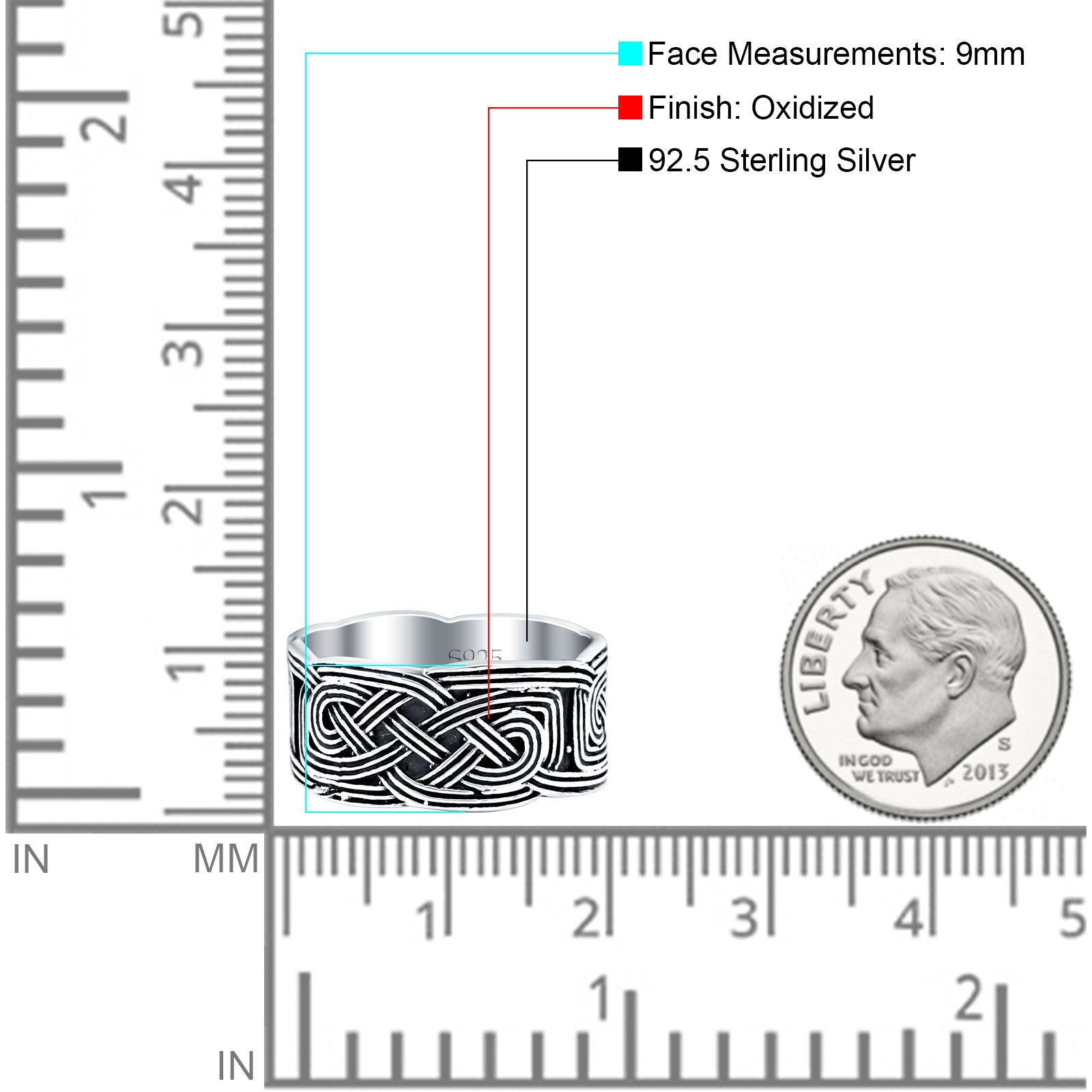 Celtic Oxidized Band Solid 925 Sterling Silver Thumb Ring (9mm)