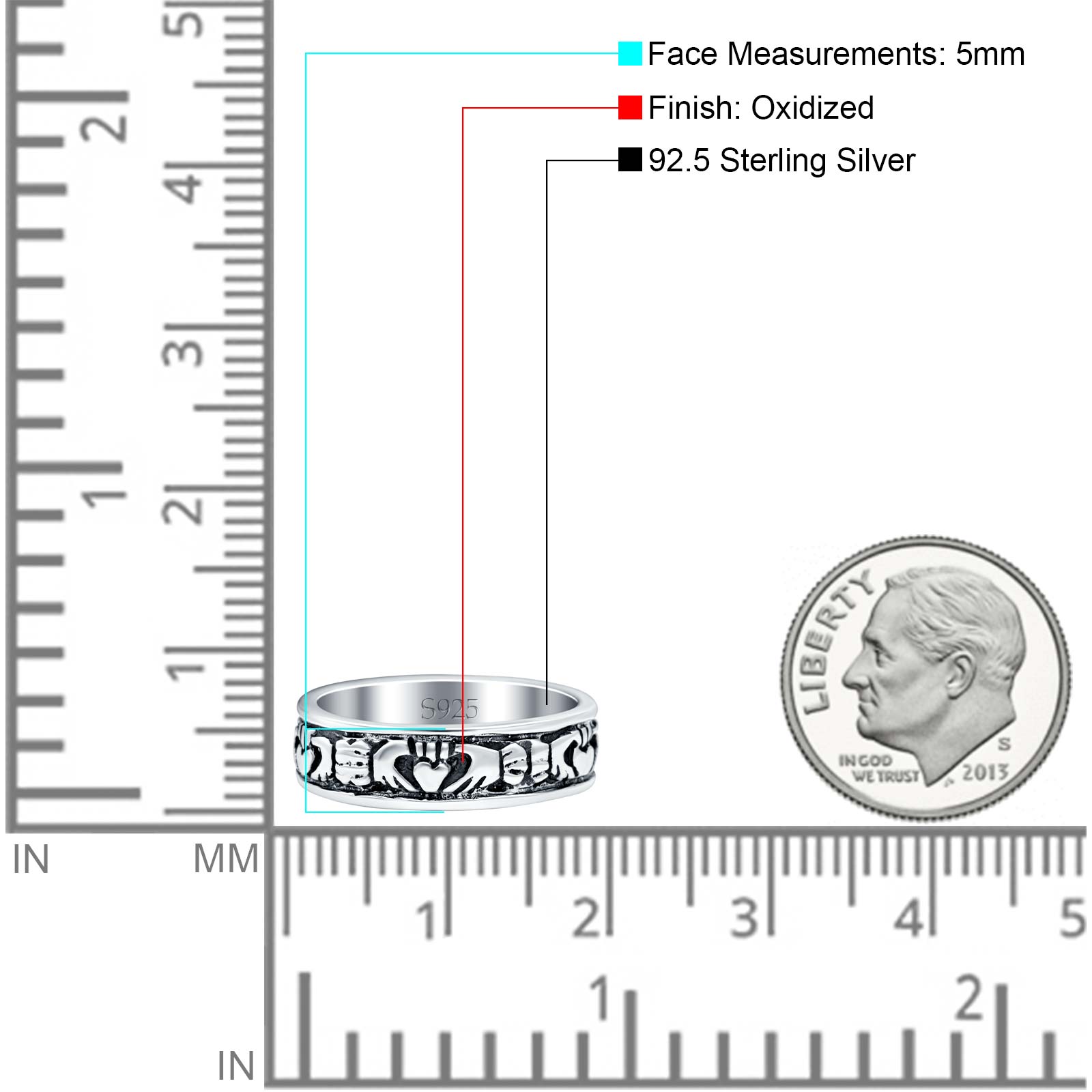 Claddagh Oxidized Band Solid 925 Sterling Silver Thumb Ring (5mm)