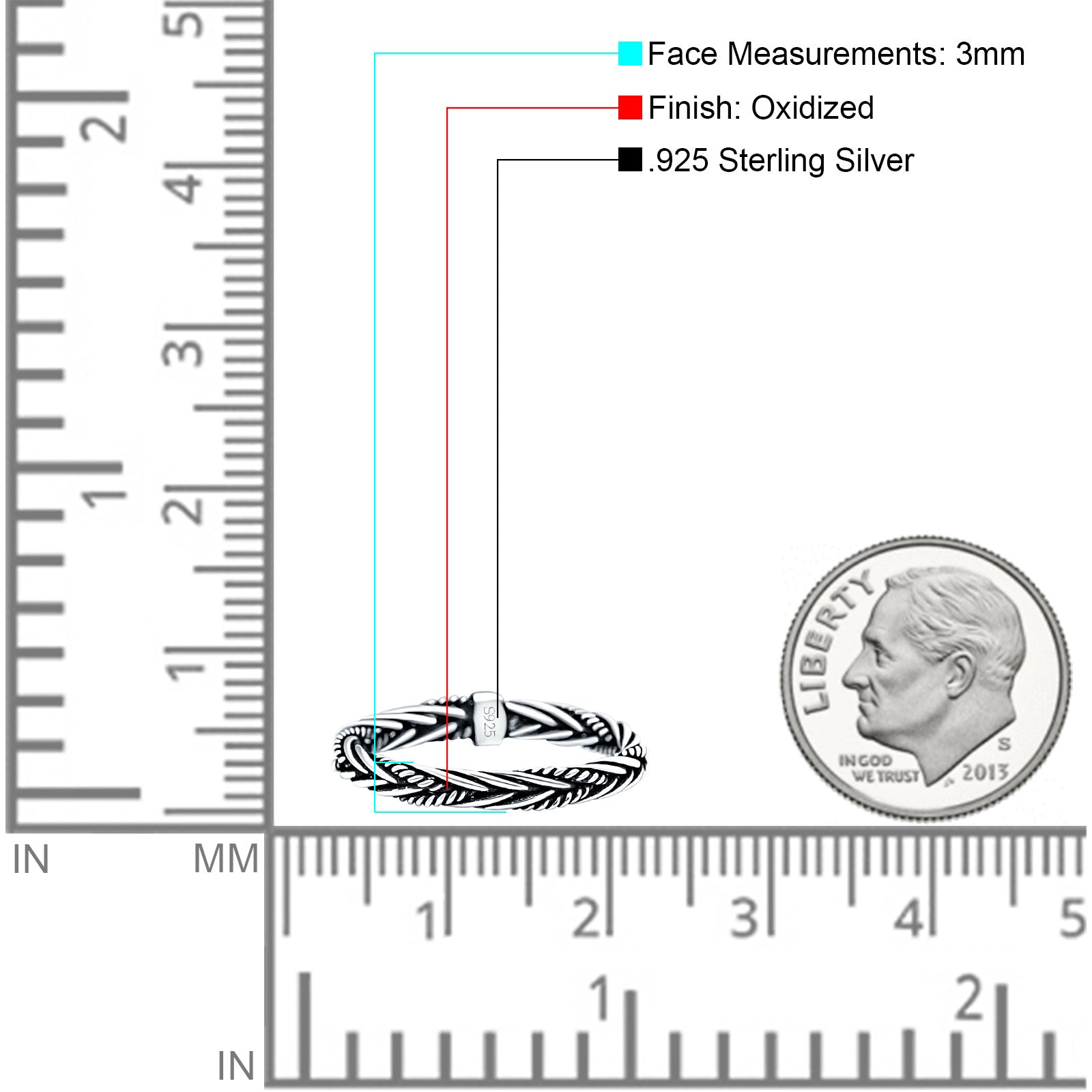 Rope Braid Oxidized Band Solid 925 Sterling Silver Thumb Ring (3mm)