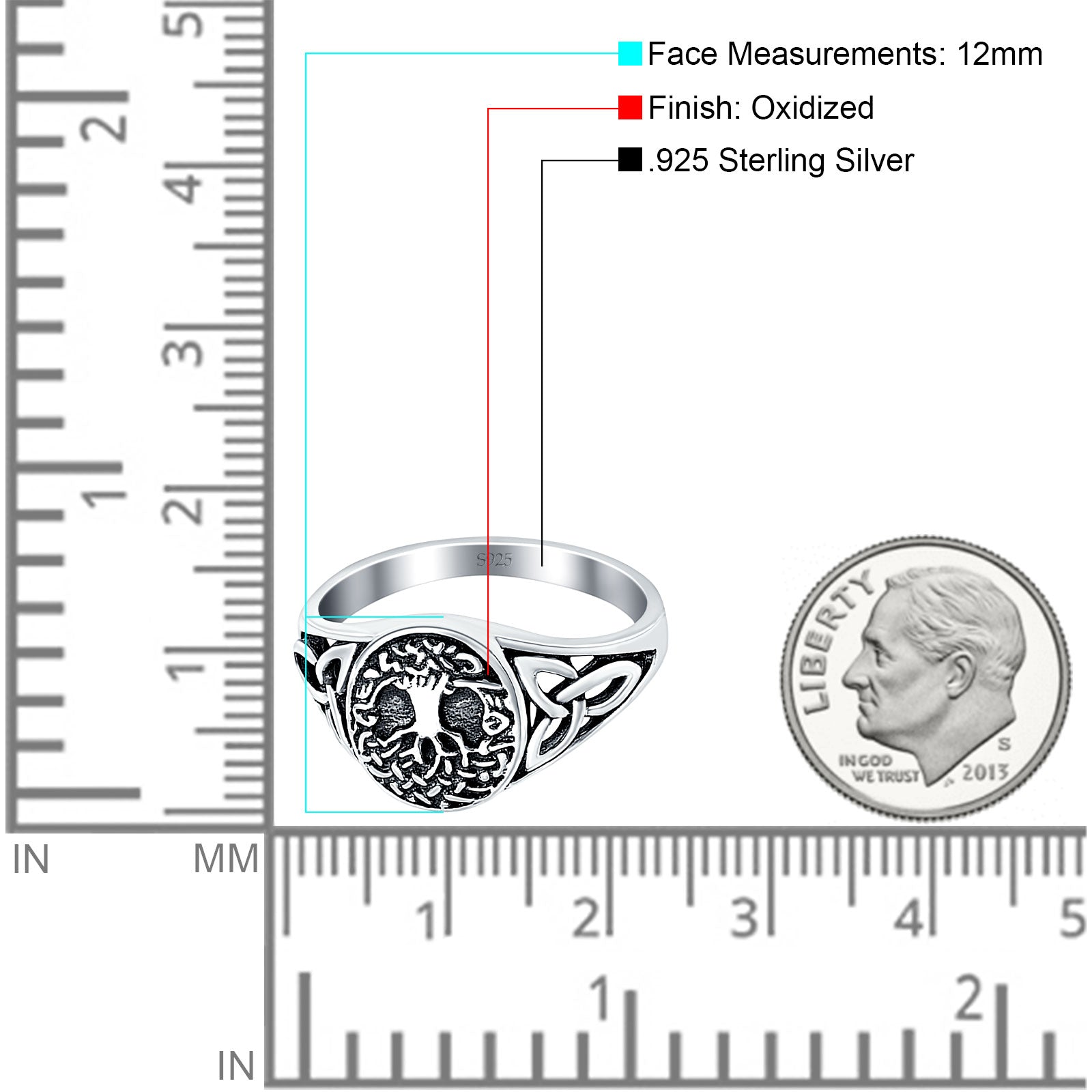 Celtic Tree of Life Oxidized Plain Band Ring 925 Sterling Silver