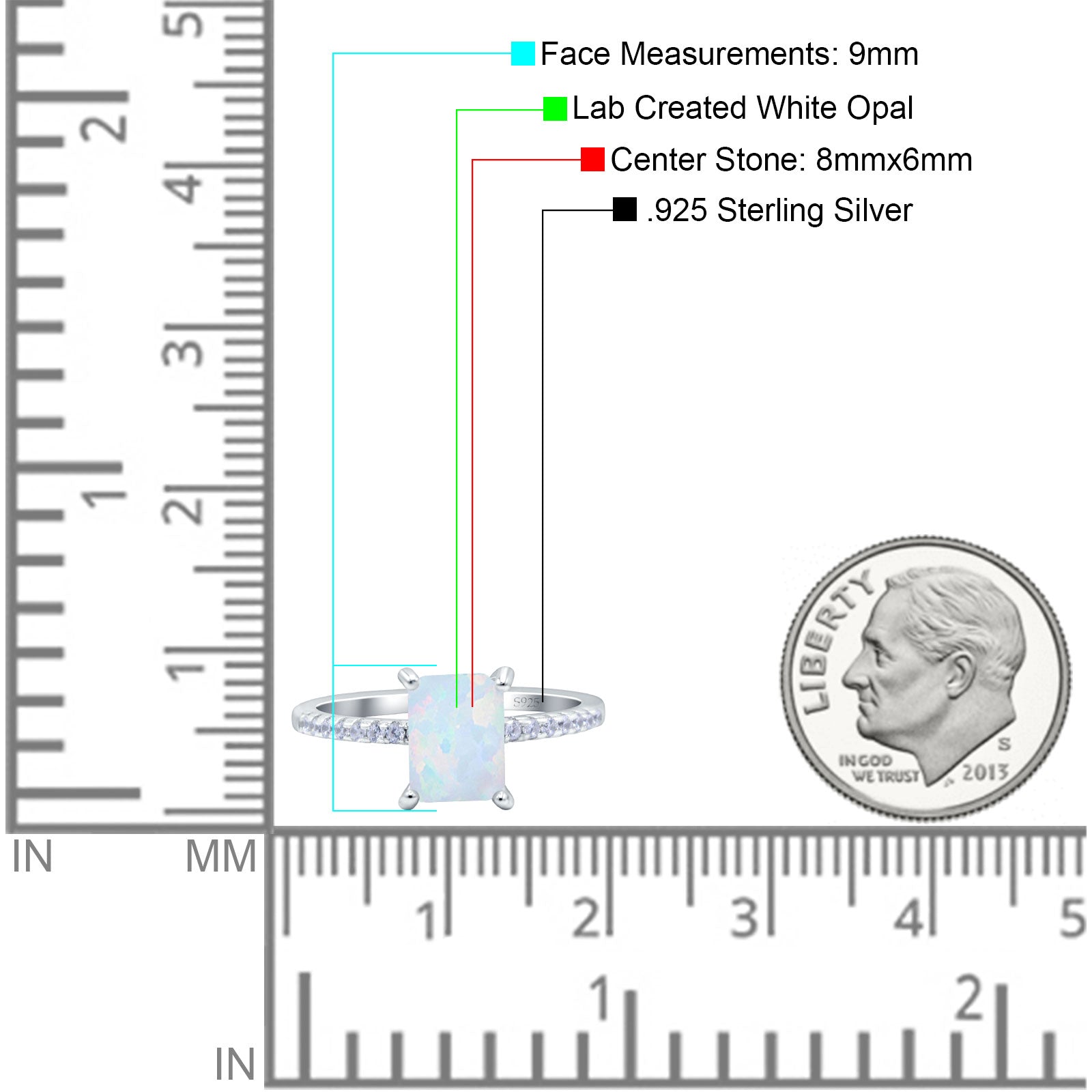 Emerald Cut Art Deco Wedding Ring Lab Created White Opal 925 Sterling Silver