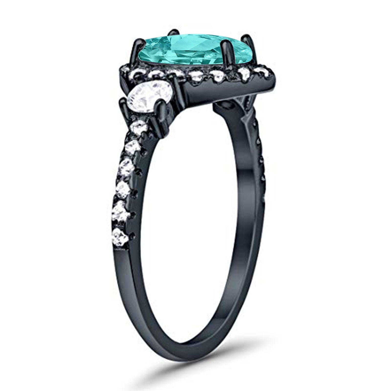 Three Stone Halo Teardrop Pear Fashion Ring Black Tone, Simulated Paraiba Tourmaline CZ 925 Sterling Silver