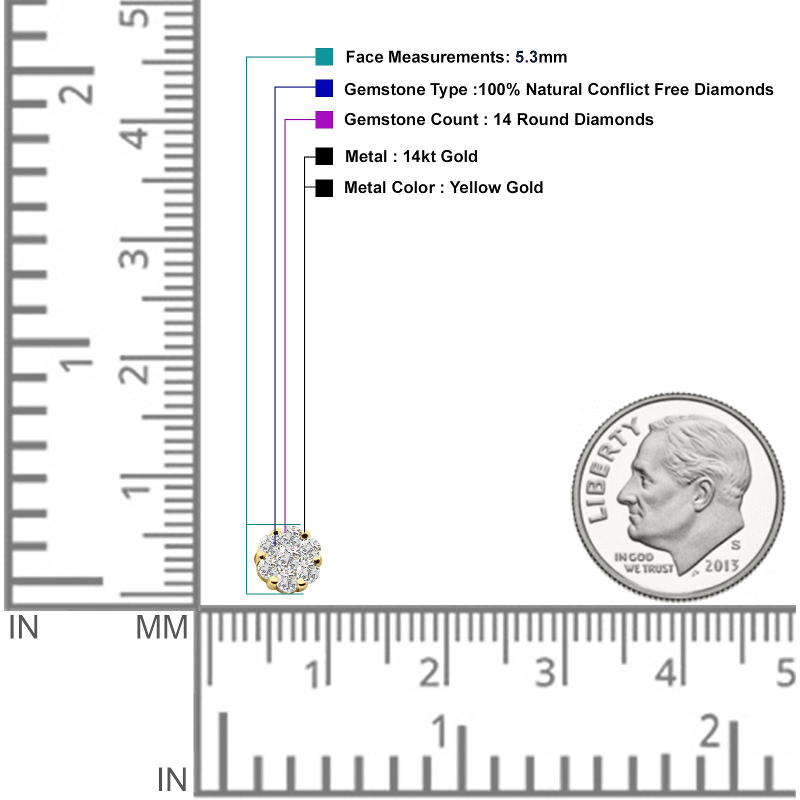 Diamond Flower Cluster Stud Earrings 14K Yellow Gold 0.38ct Wholesale