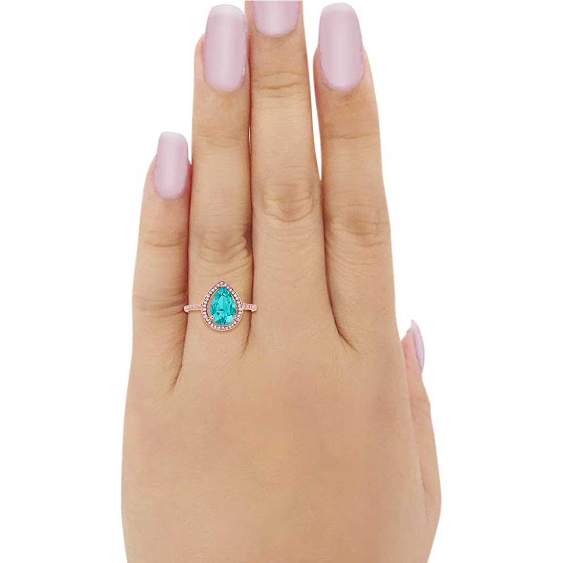 Halo Teardrop Pear Rose Tone, Simulated Paraiba Tourmaline CZ Ring 925 Sterling Silver