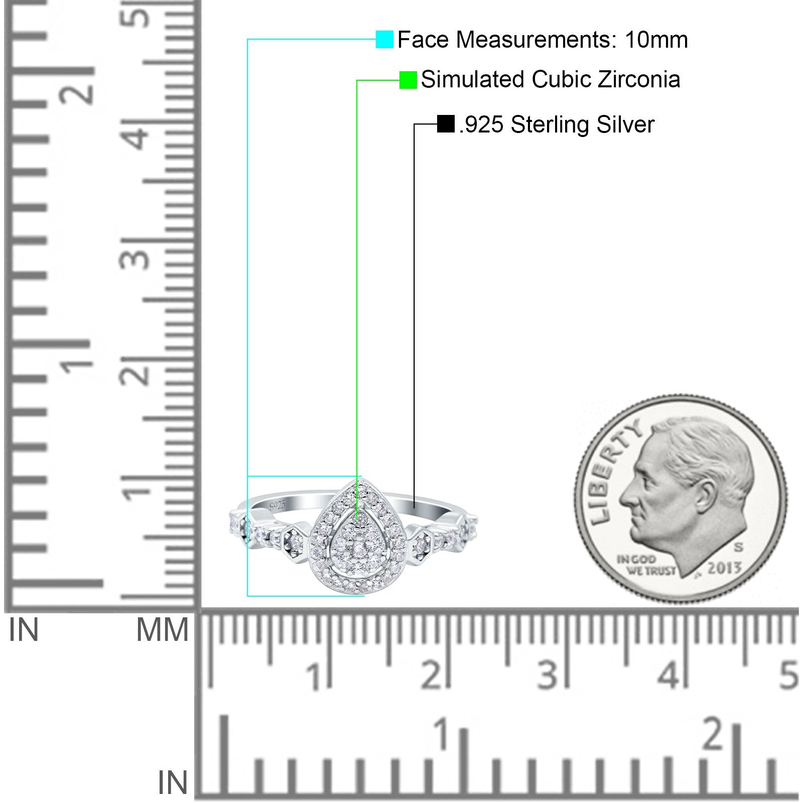 Teardrop Art Deco Ring Pear Wedding Band Round Pave Simulated Cubic Zirconia 925 Sterling Silver (10mm)