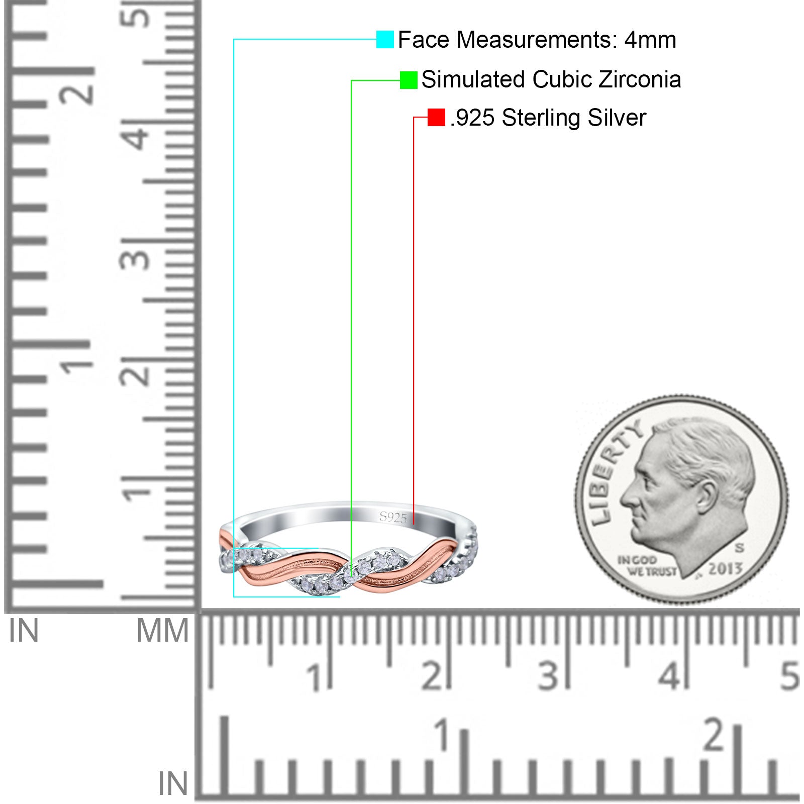 Half Eternity Rope Ring Wedding Band Round Pave Two Tone, Simulated CZ 925 Sterling Silver (4mm)