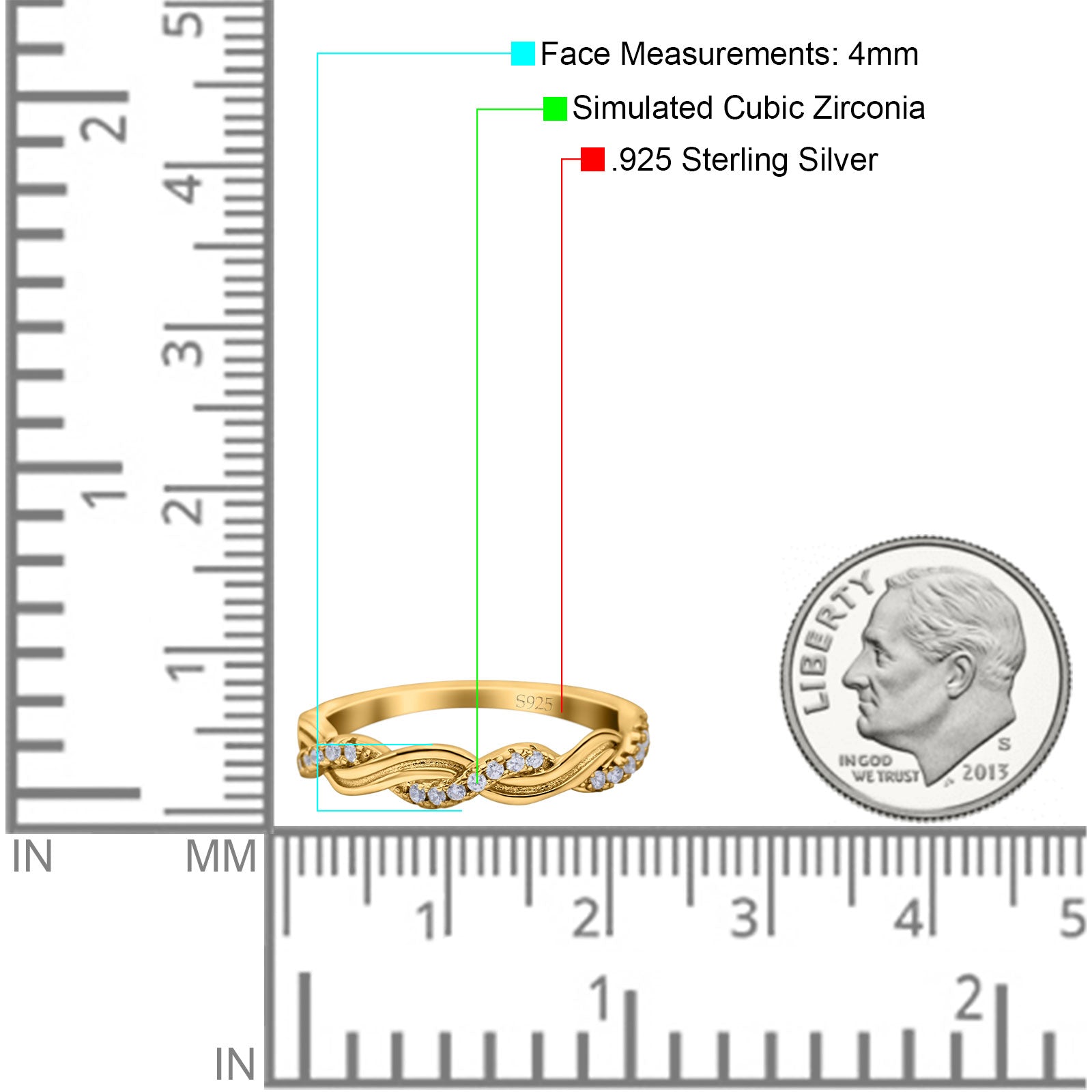 Half Eternity Rope Ring Wedding Band Round Pave Yellow Tone, Simulated CZ 925 Sterling Silver (4mm)
