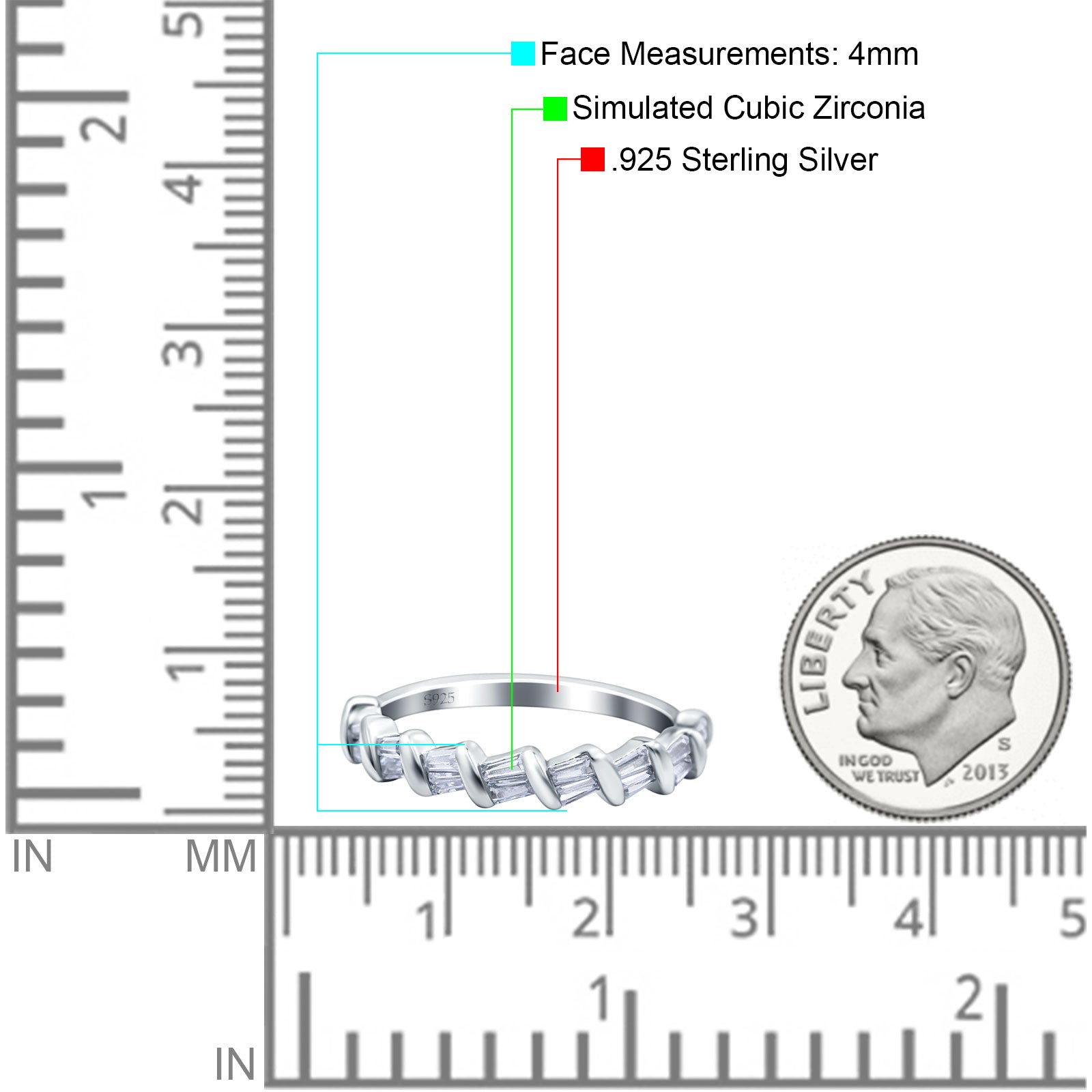 Half Eternity Rope Ring Wedding Band Baguette Shape Simulated CZ 925 Sterling Silver (4mm)