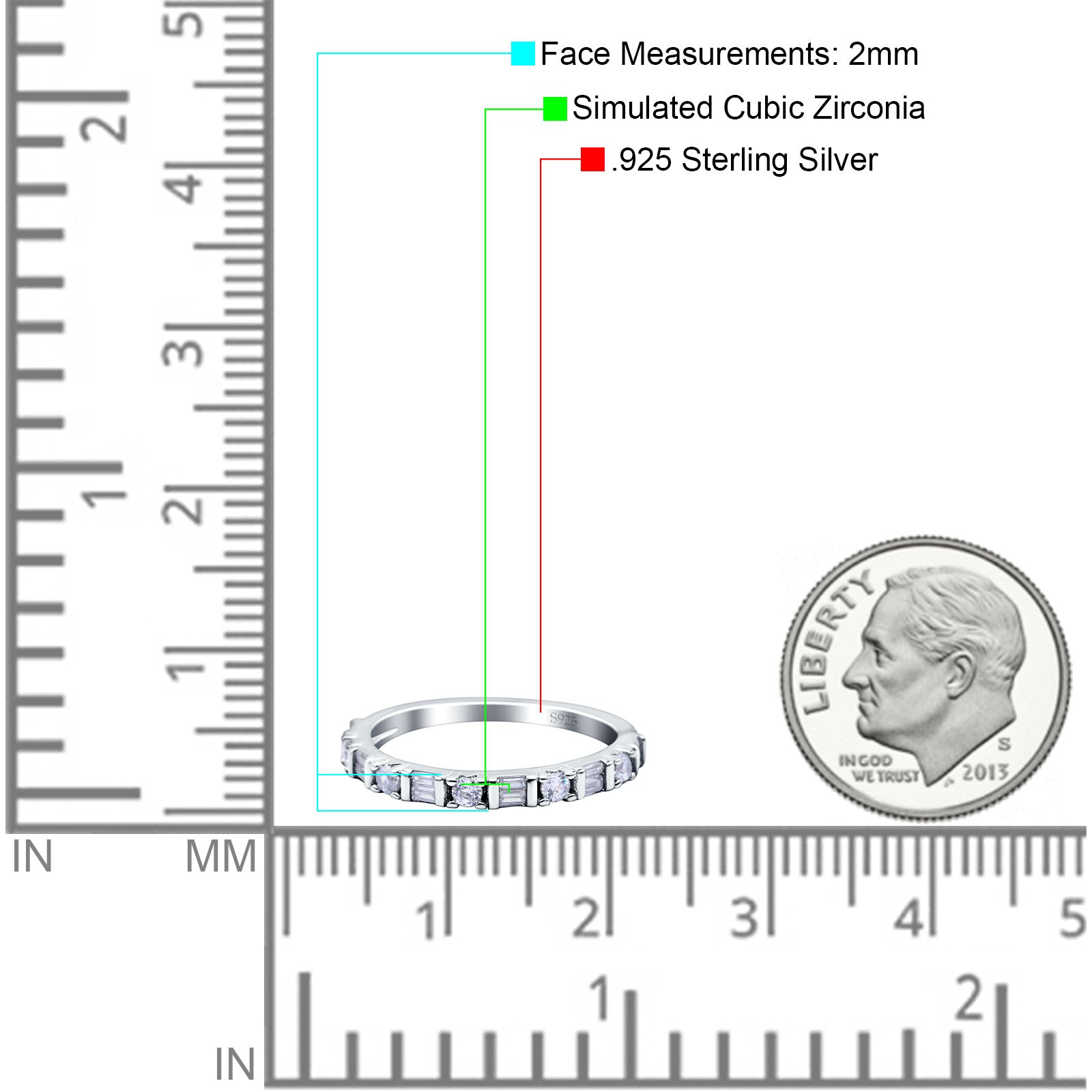 Half Eternity Ring Wedding Engagement Band Baguette Round Pave Simulated CZ 925 Sterling Silver (2mm)