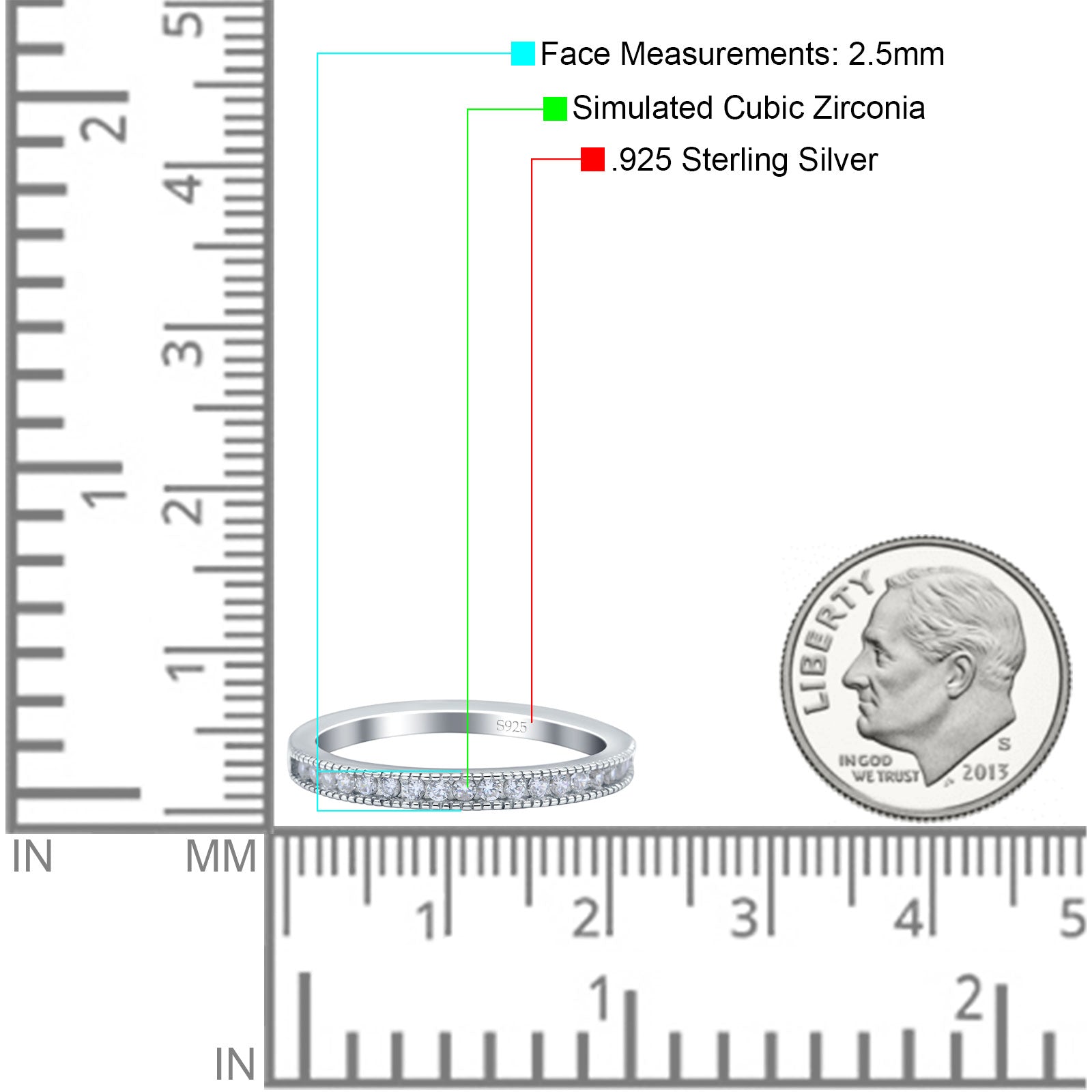 Half Eternity Ring Wedding Engagement Band Round Simulated Cubic Zirconia 925 Sterling Silver