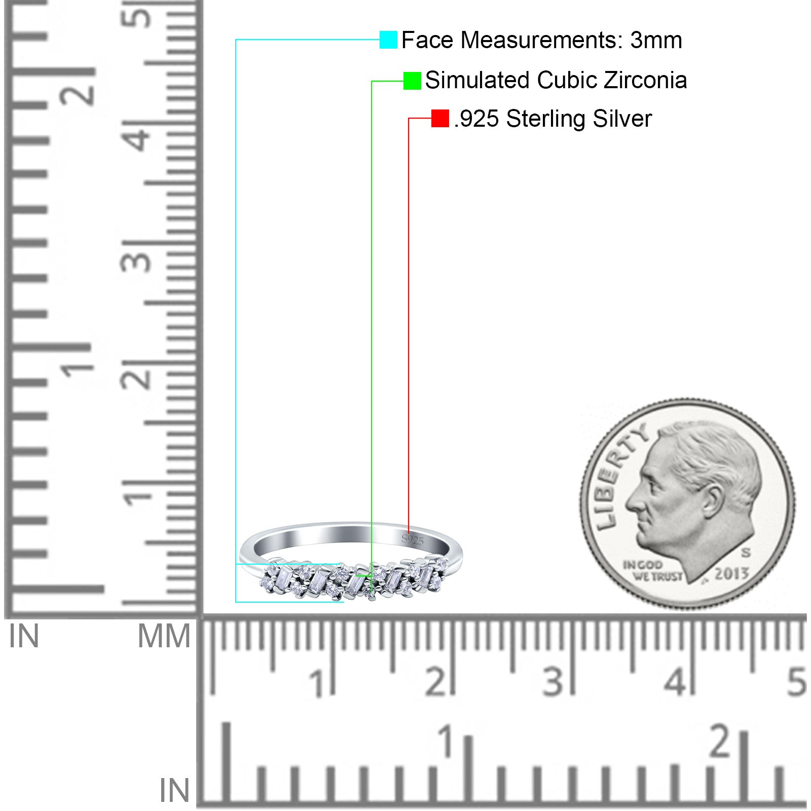Cluster Half Eternity Baguette Ring Wedding Band Pave Simulated CZ 925 Sterling Silver (3mm)