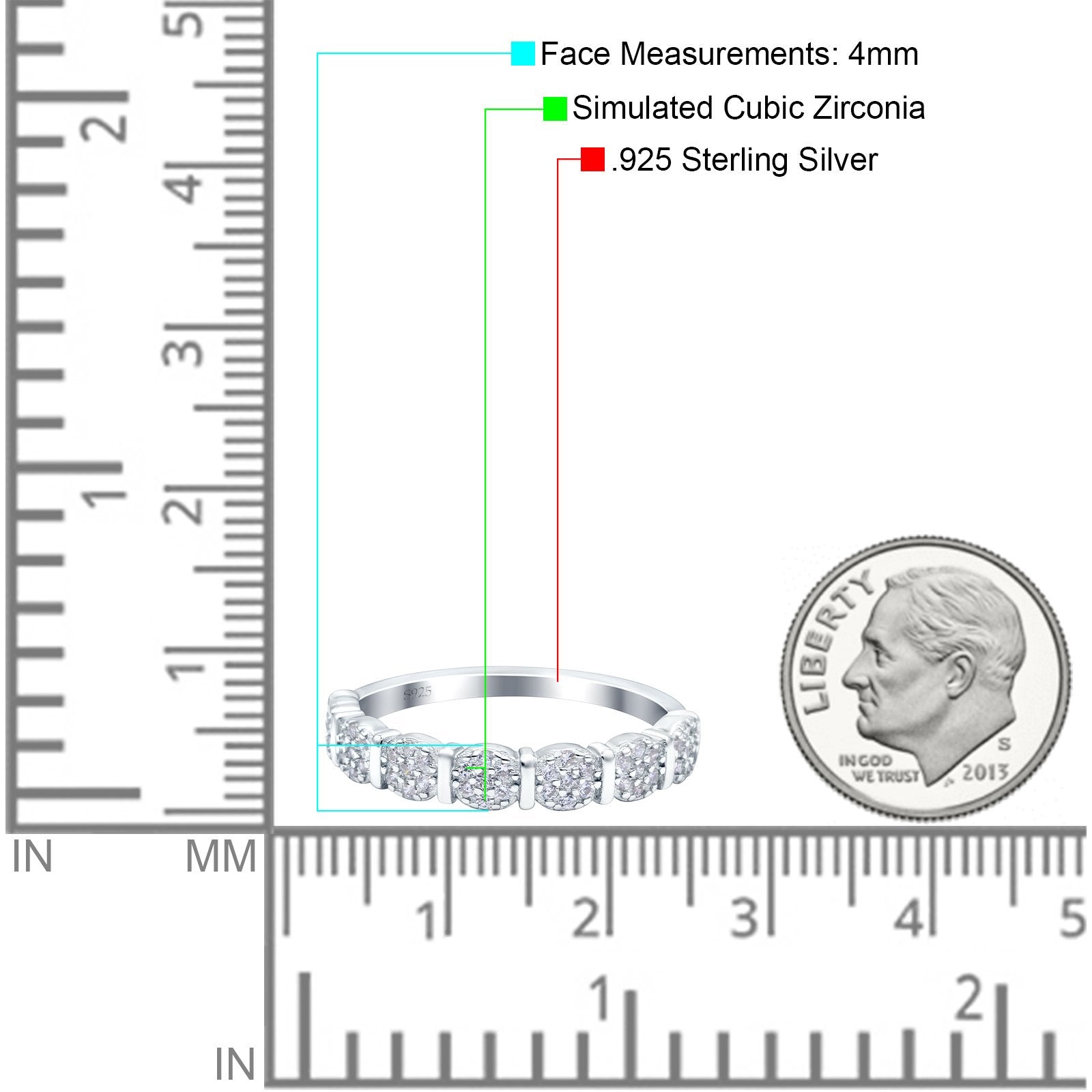 Half Eternity Ring Wedding Band Round Pave Simulated Cubic Zirconia 925 Sterling Silver (4mm)
