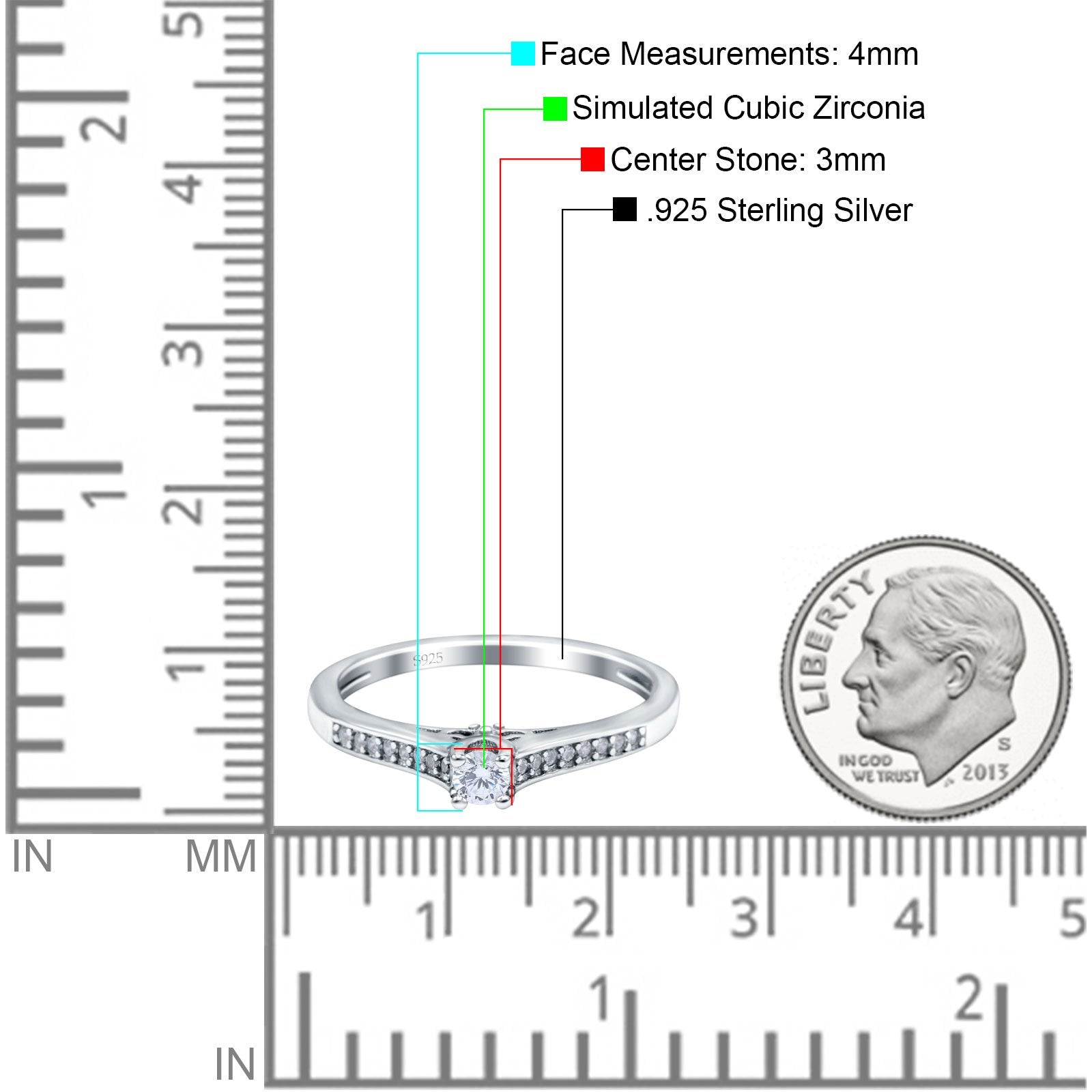 Solitaire Wedding Ring Band Round Pave Simulated Cubic Zirconia 925 Sterling Silver (4mm)