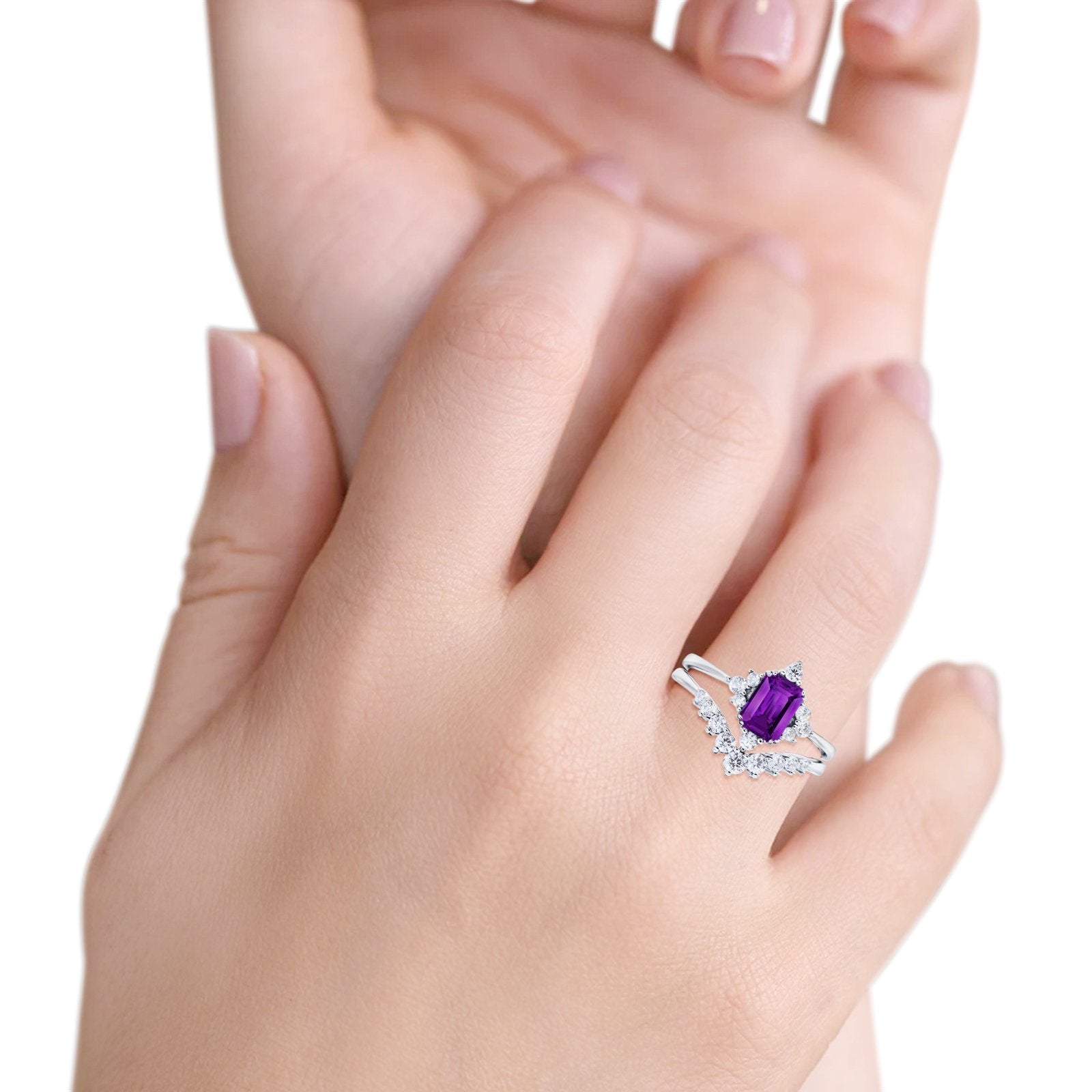 Art Deco Two Piece Wedding Ring Emerald Cut Simulated Amethyst CZ 925 Sterling Silver