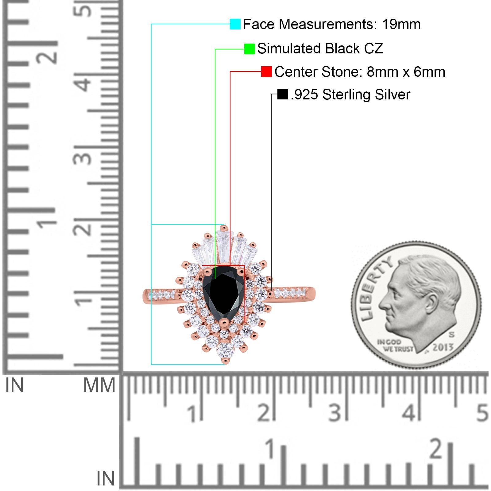 Art Deco Teardrop Pear Wedding Ring Rose Tone, Simulated Black CZ 925 Sterling Silver