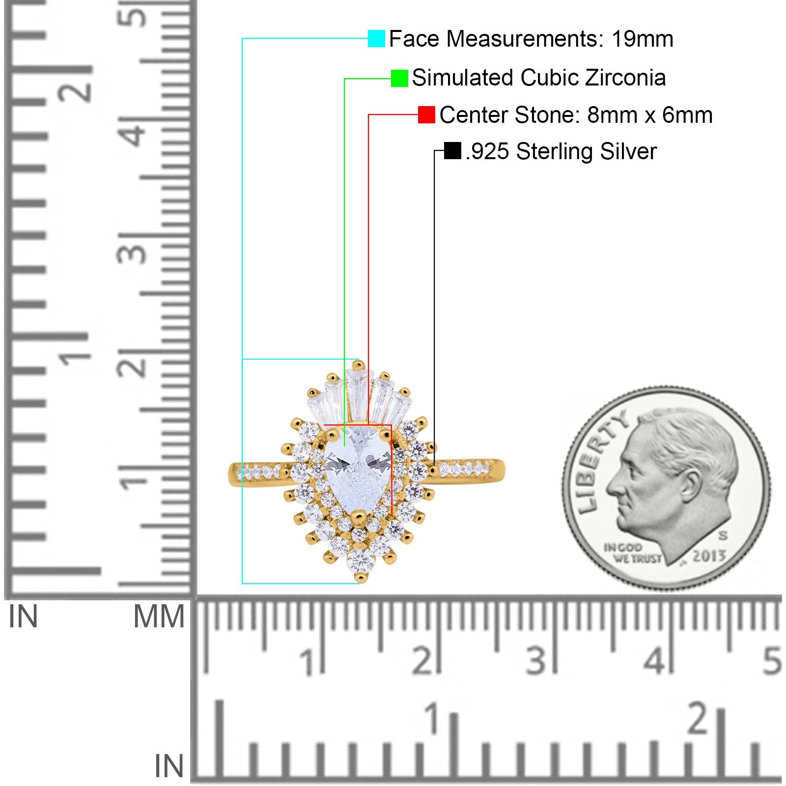 Art Deco Teardrop Pear Wedding Ring Yellow Tone, Simulated Cubic Zirconia 925 Sterling Silver