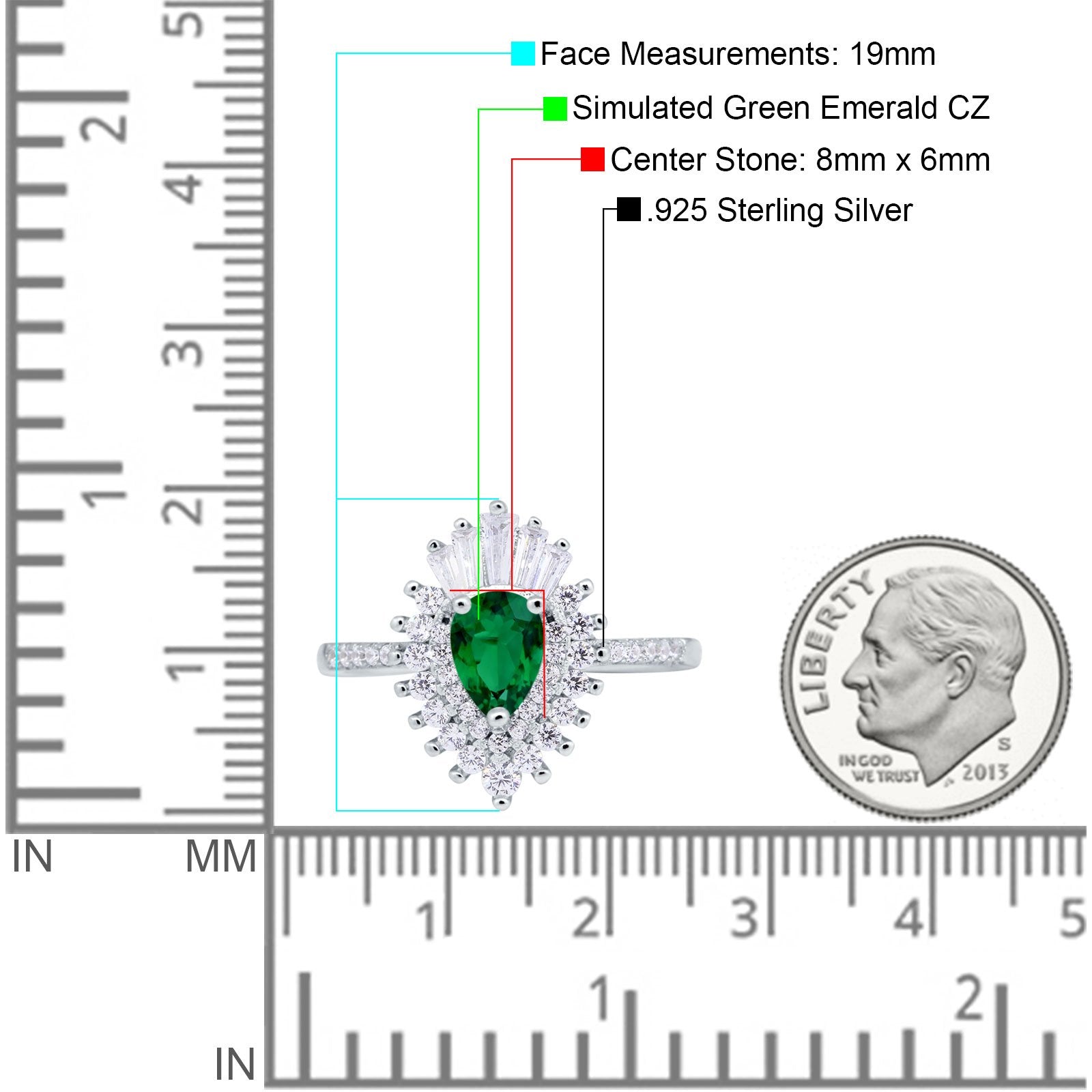 Art Deco Teardrop Pear Wedding Ring Simulated Green Emerald CZ 925 Sterling Silver
