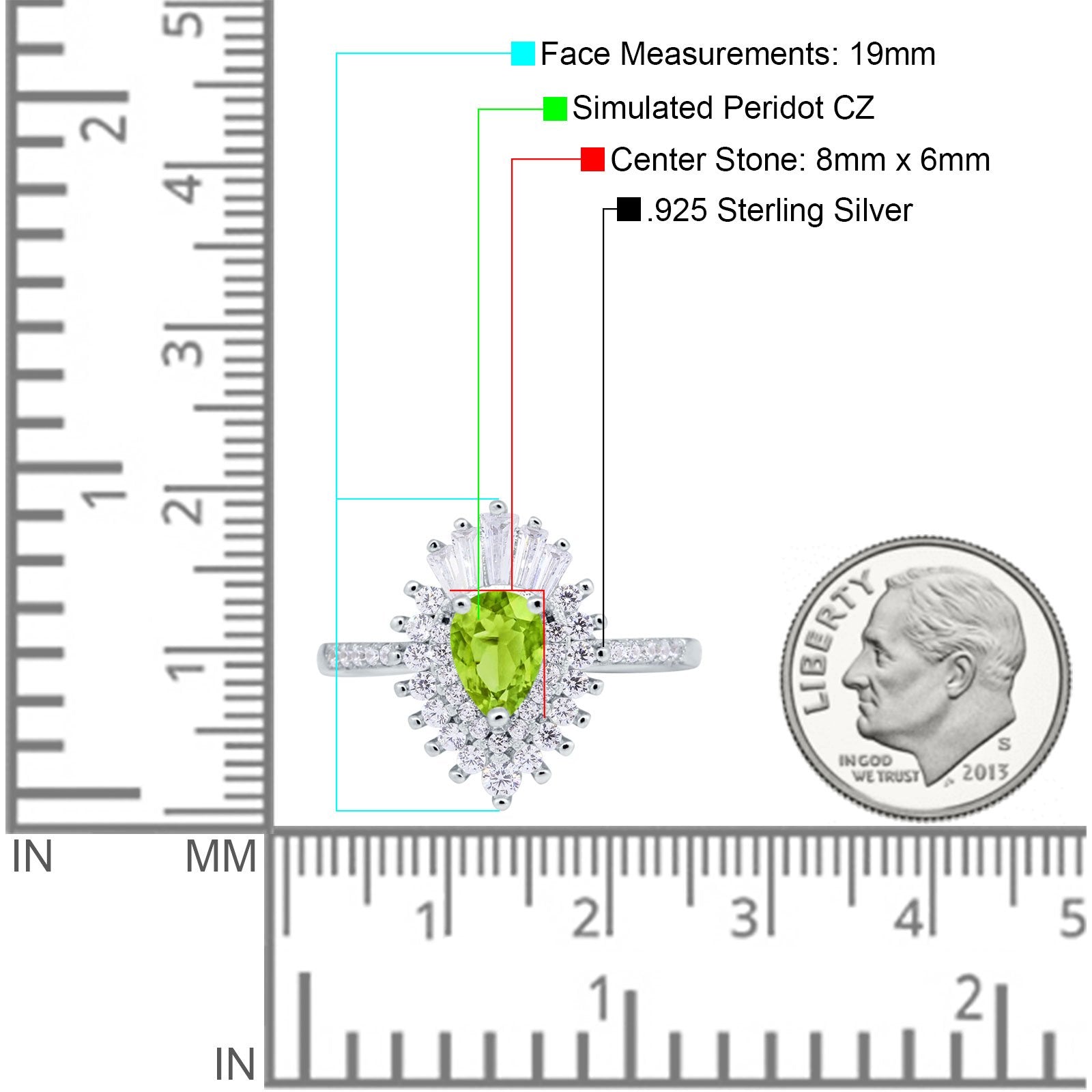 Pear Engagement Ring Baguette Simulated Peridot CZ 925 Sterling Silver