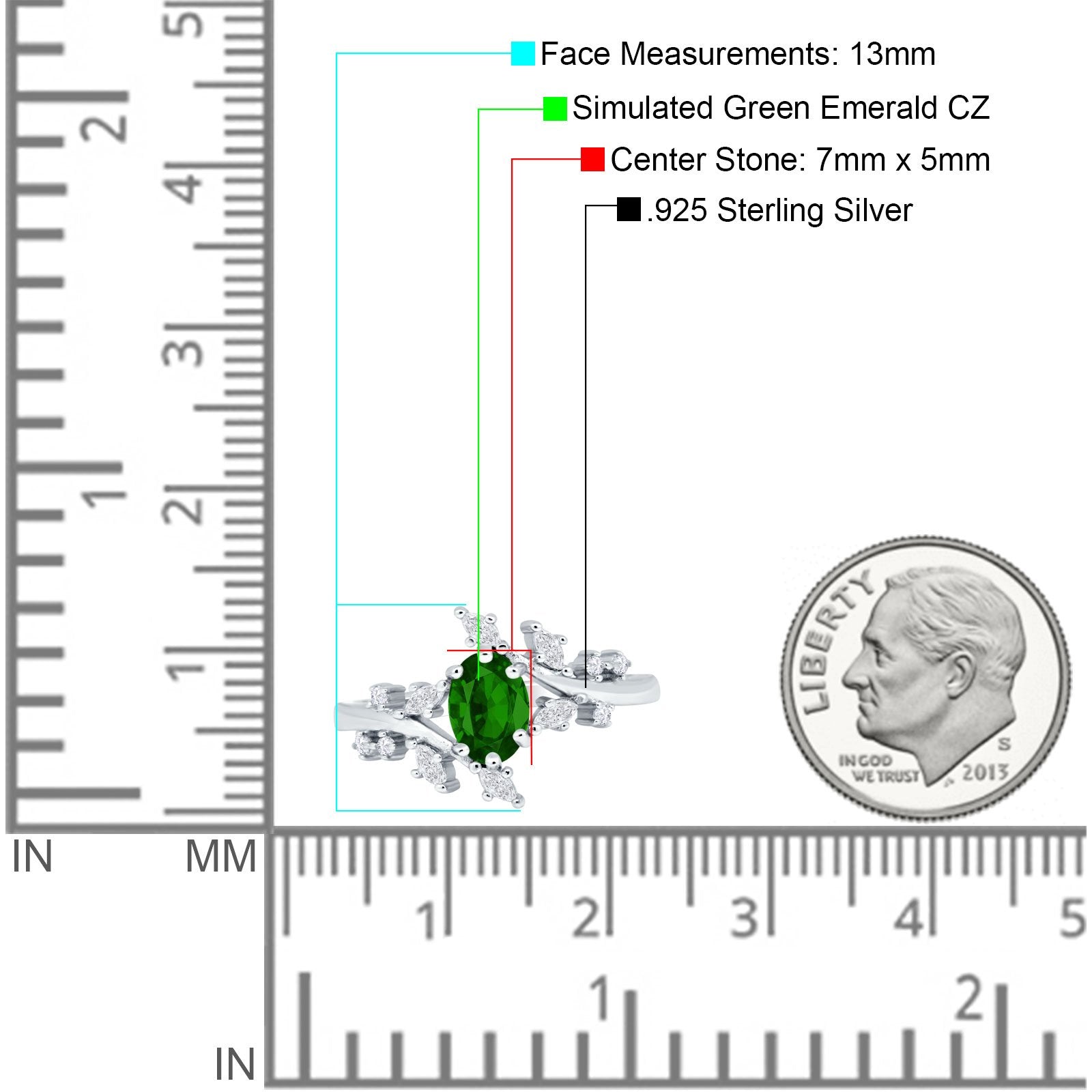 Oval Marquise Simulated Green Emerald CZ Ring 925 Sterling Silver