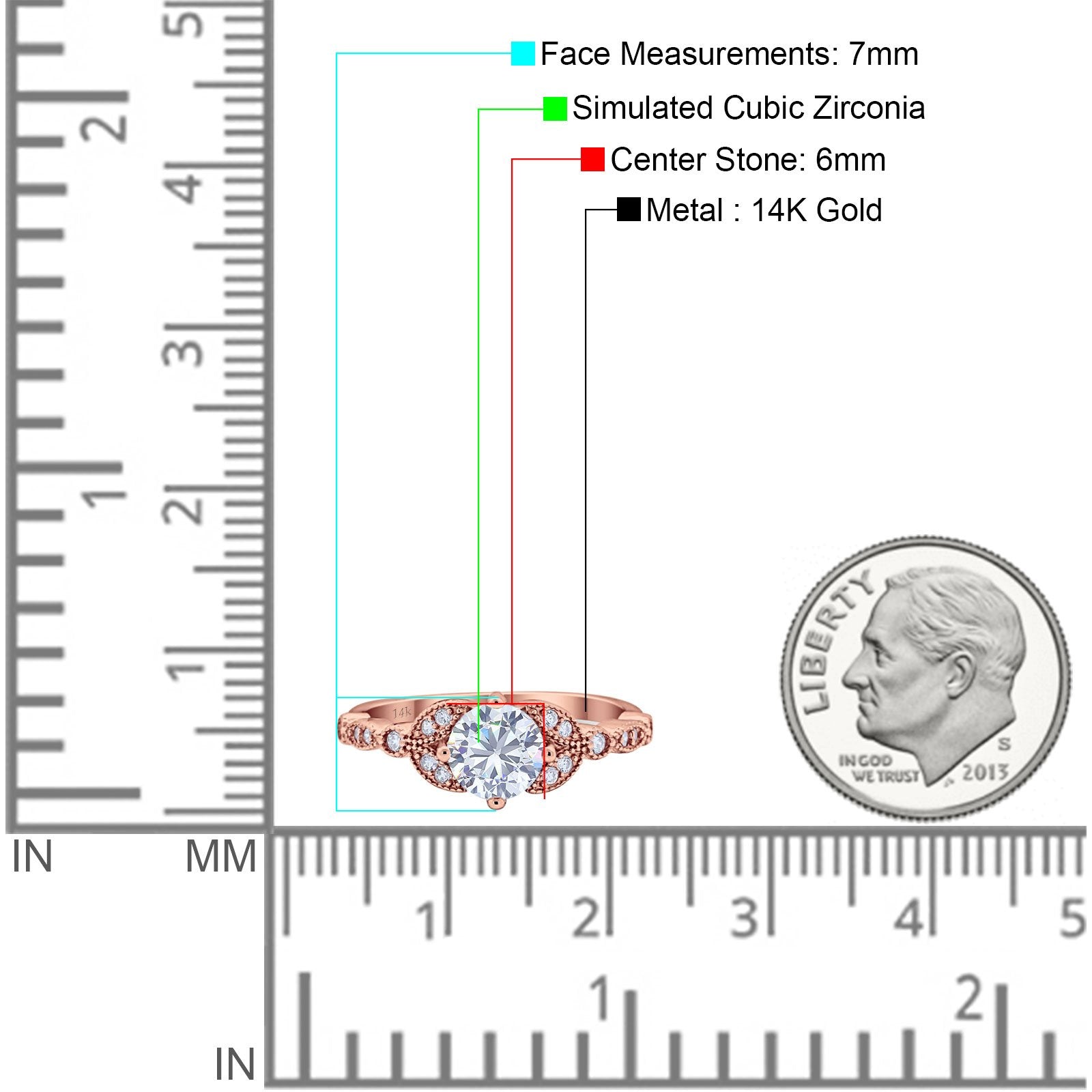 14K Rose Gold Art Deco Wedding Ring Bridal Round Simulated Cubic Zirconia
