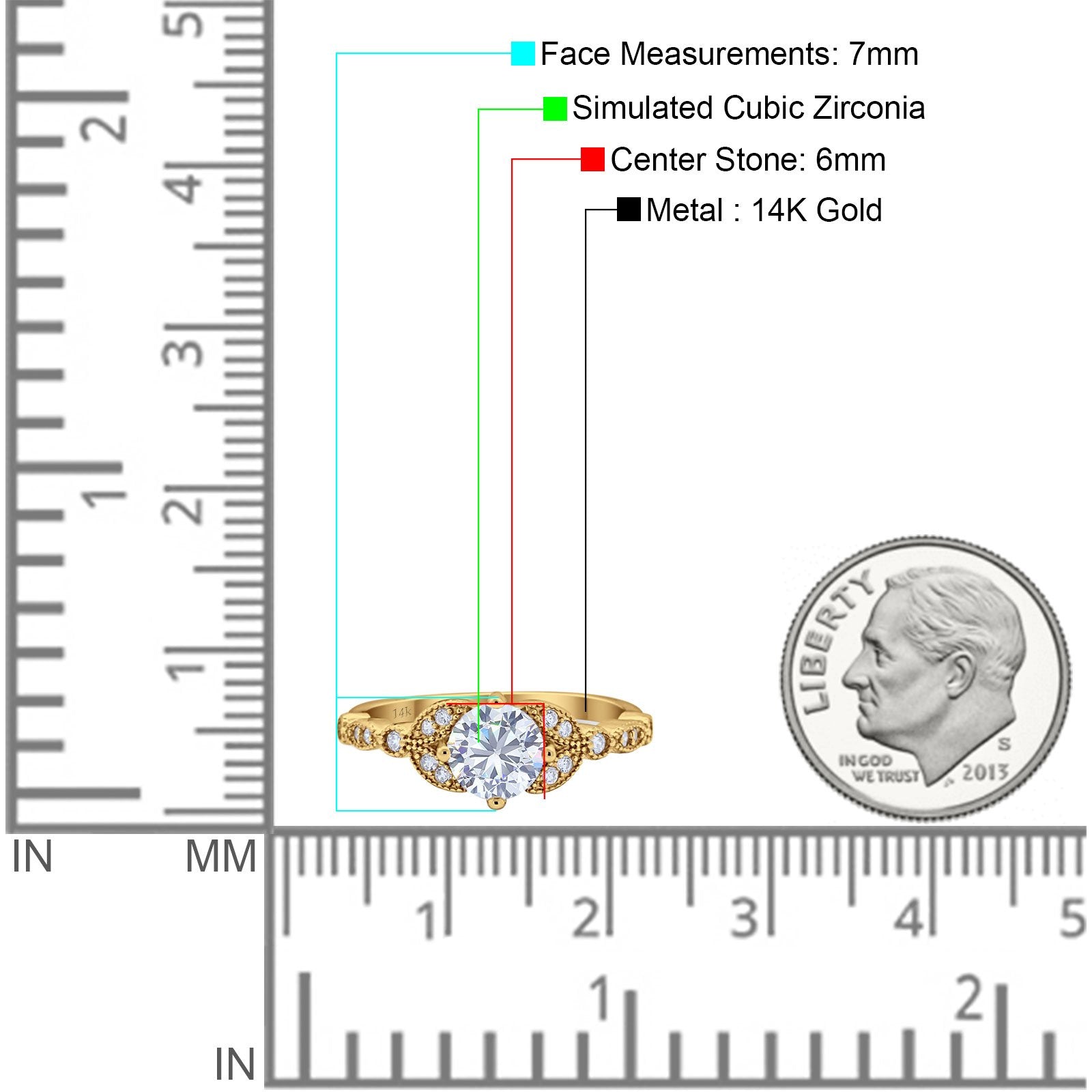 14K Yellow Gold Art Deco Wedding Ring Bridal Round Simulated Cubic Zirconia Size-7