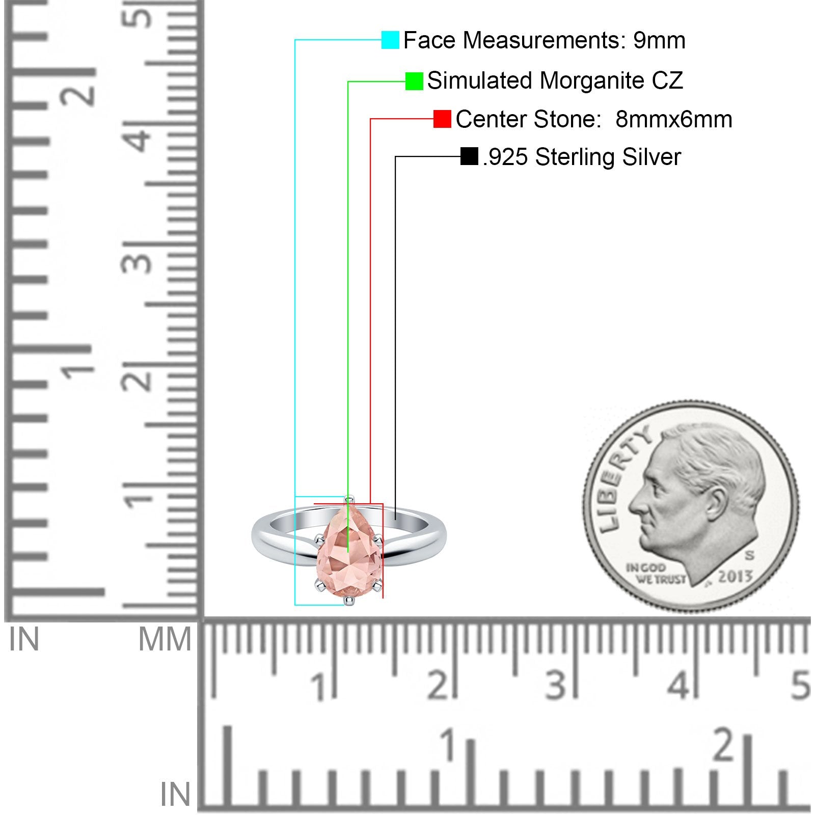 Solitaire Teardrop Simulated Morganite CZ Wedding Ring 925 Sterling Silver Center Stone-(8mmx6mm)