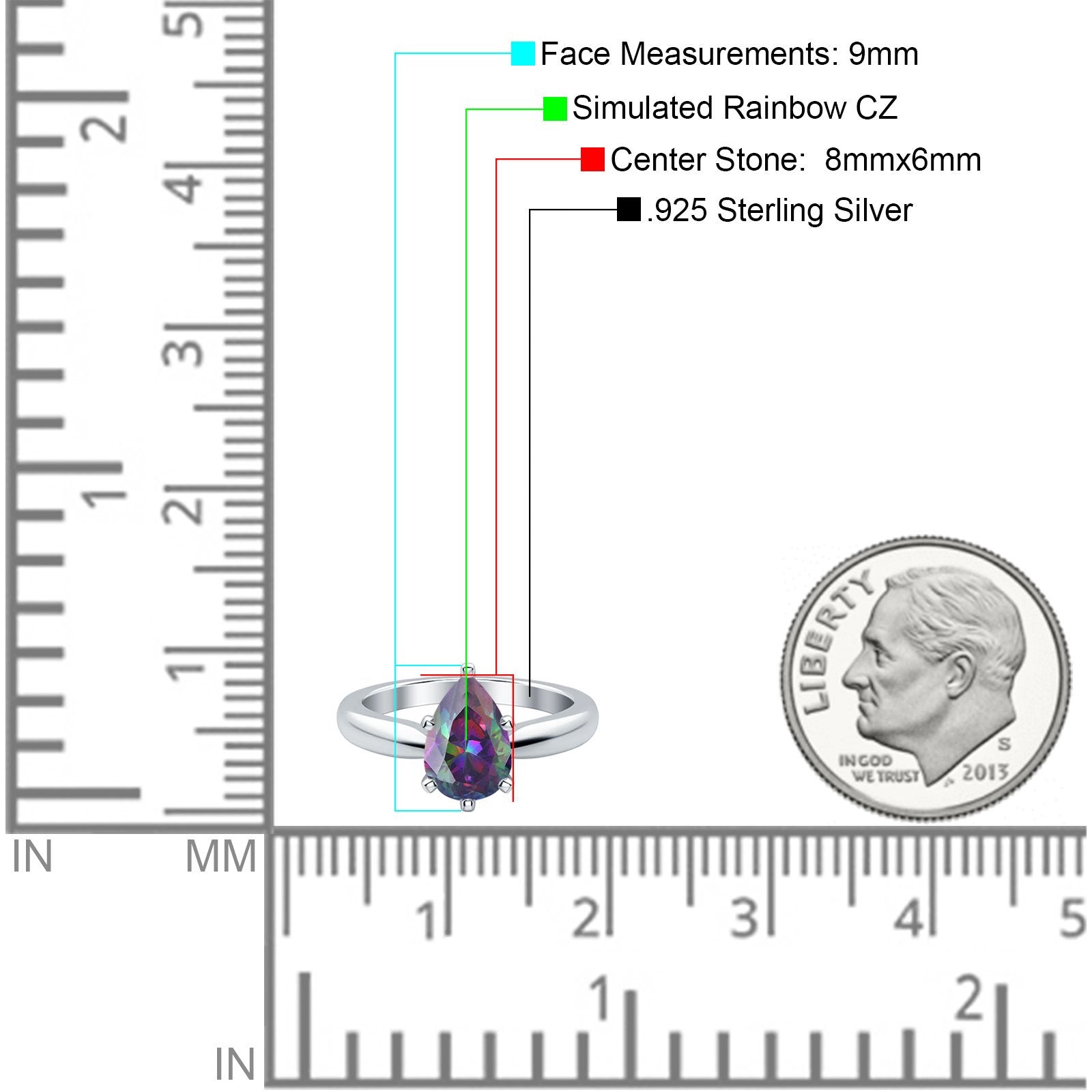 Solitaire Teardrop Simulated Rainbow CZ Wedding Ring 925 Sterling Silver Center Stone-(8mmx6mm)