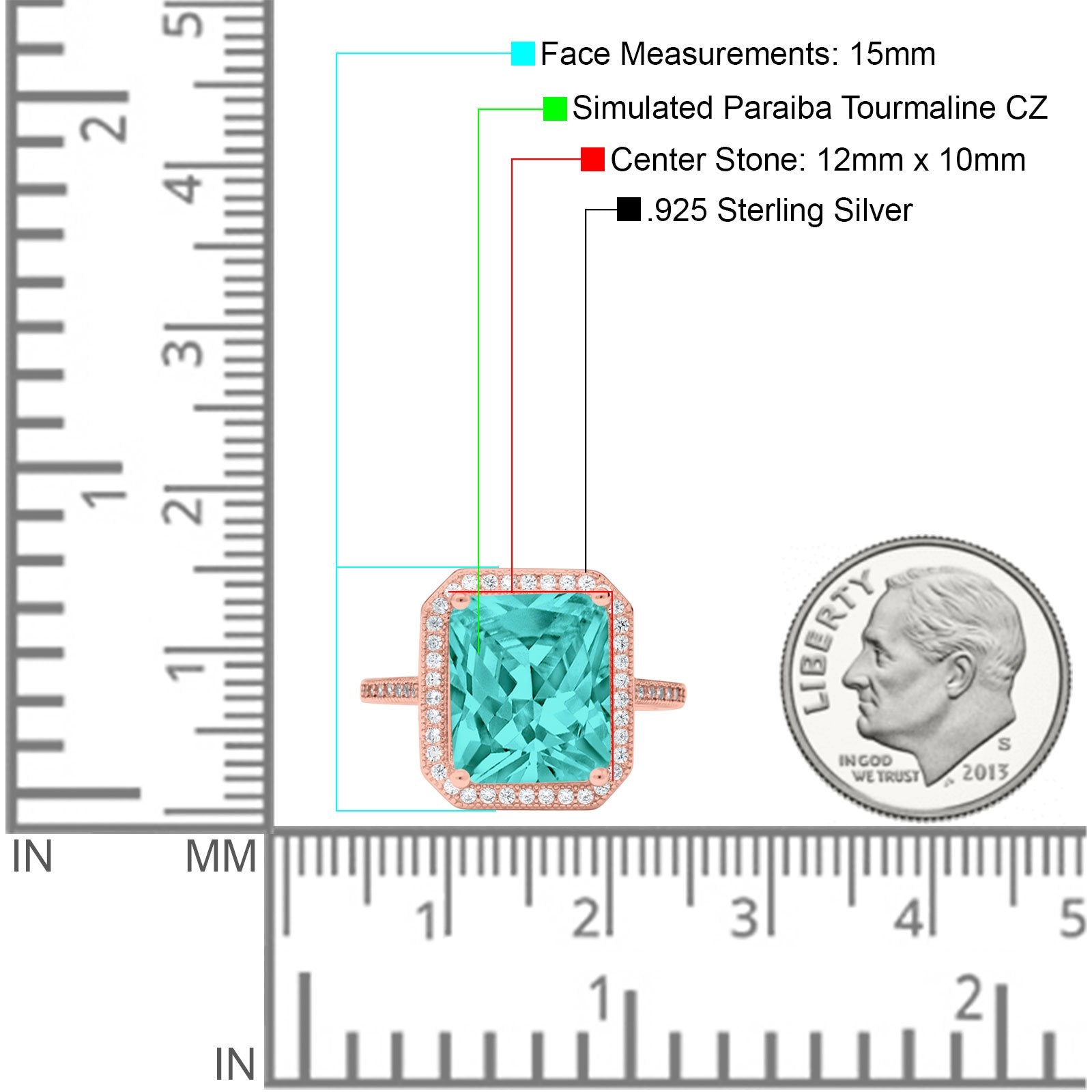 Halo Emerald Cut Engagement Ring Rose Tone, Simulated Paraiba Tourmaline CZ 925 Sterling Silver