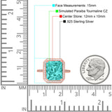 Halo Emerald Cut Engagement Ring Rose Tone, Simulated Paraiba Tourmaline CZ 925 Sterling Silver