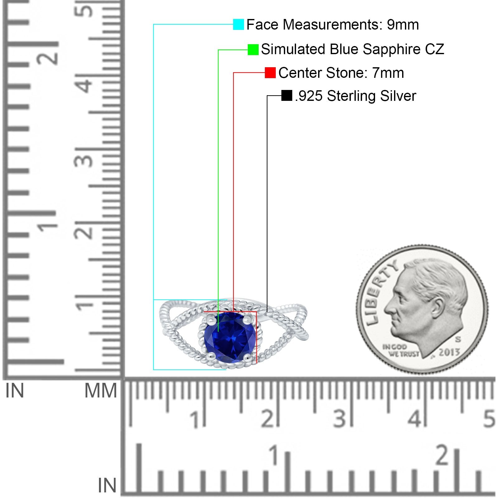Braided Cable Split Engagement Ring Simulated Blue Sapphire CZ 925 Sterling Silver
