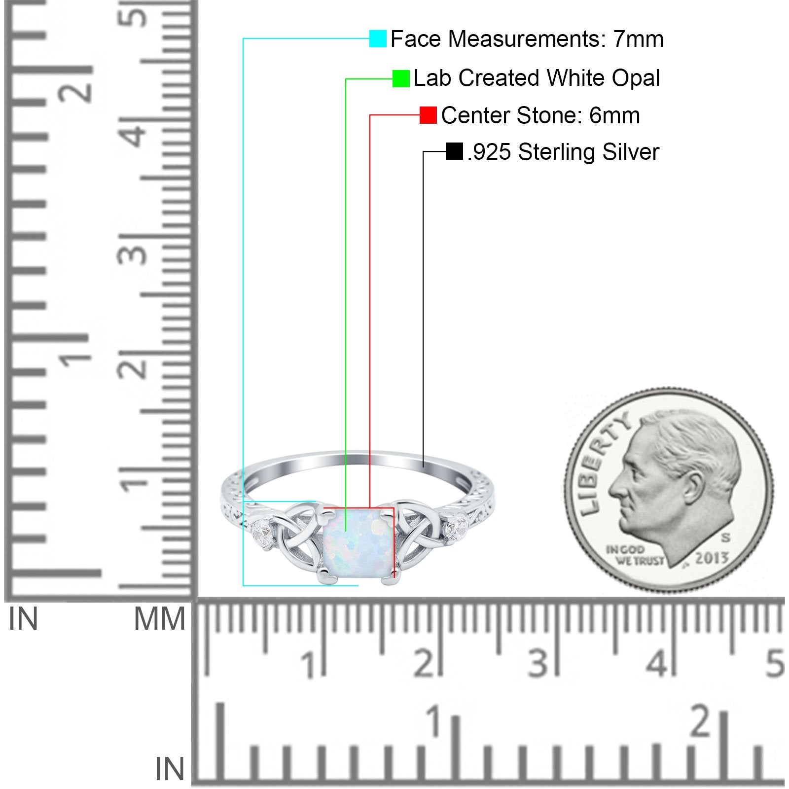 Cushion Celtic Art Deco Engagement Ring Lab Created White Opal 925 Sterling Silver