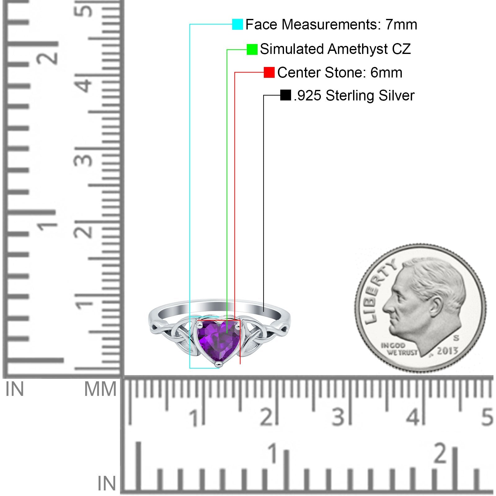 Heart Celtic Wedding Promise Ring Simulated Amethyst CZ 925 Sterling Silver