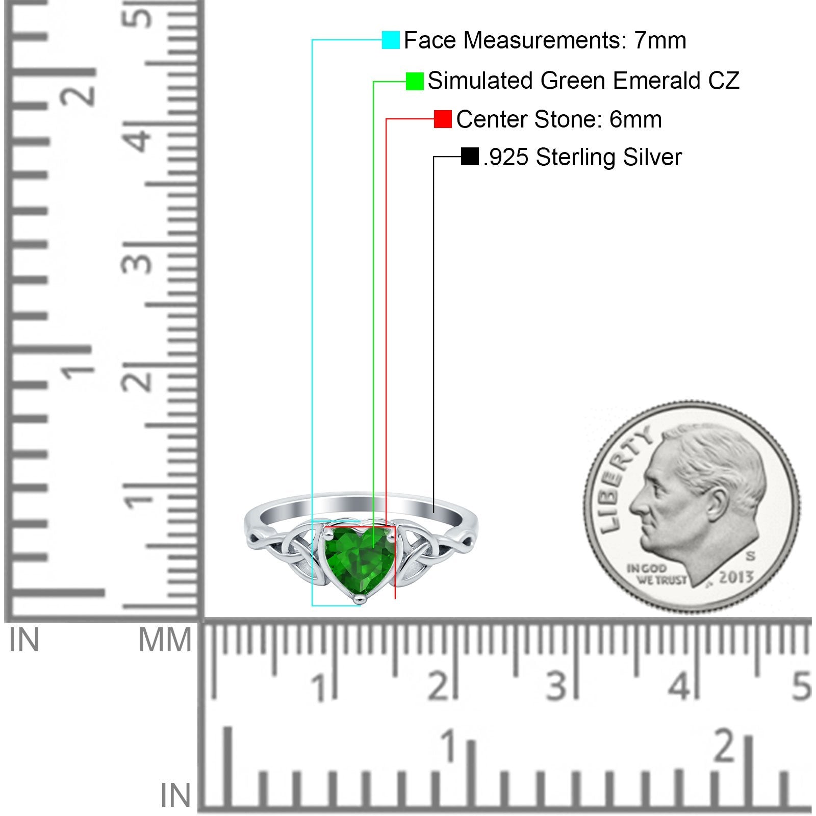 Heart Celtic Wedding Promise Ring Simulated Green Emerald CZ 925 Sterling Silver