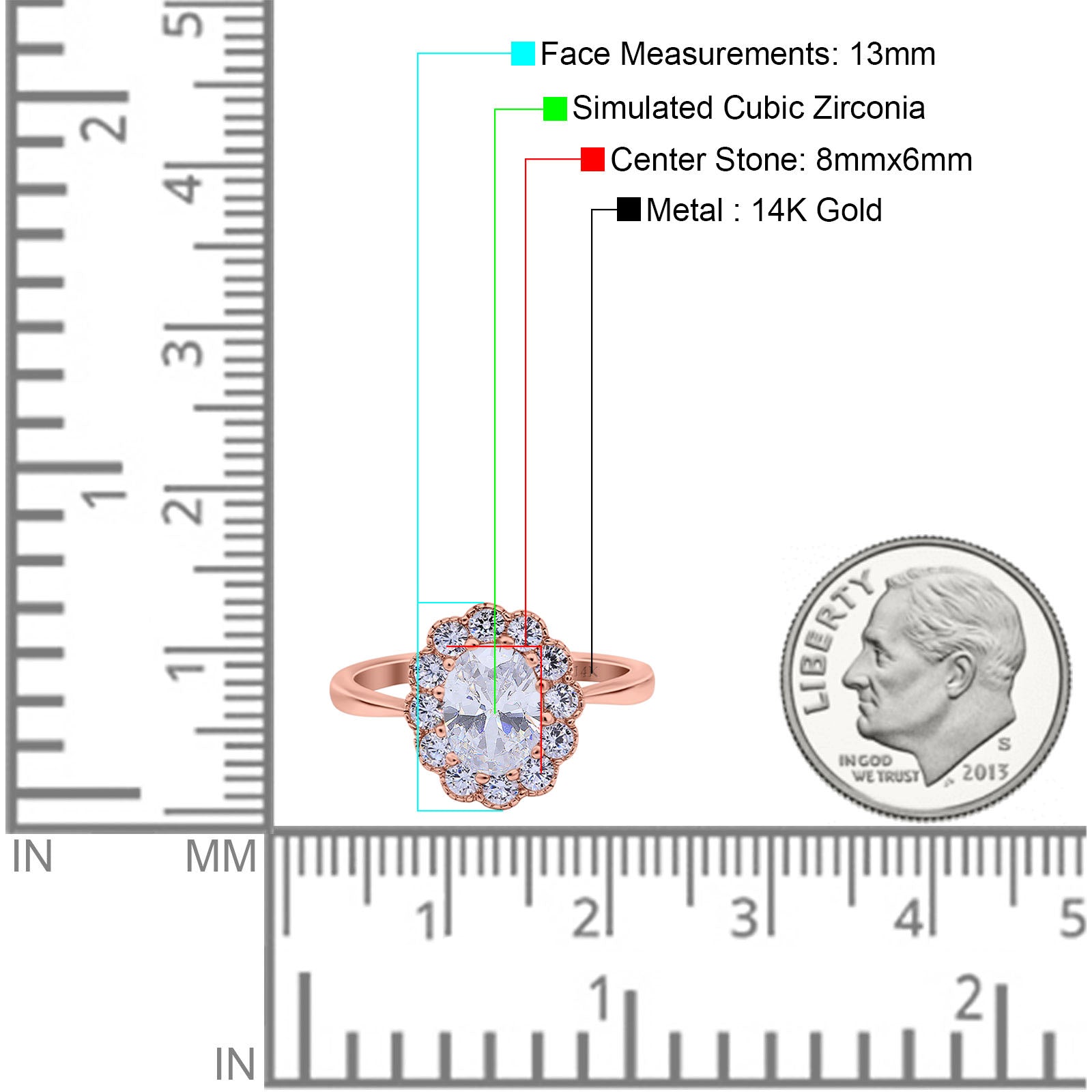 14K Rose Gold Vintage Floral Oval Bridal Wedding Engagement Ring Simulated CZ Size-7