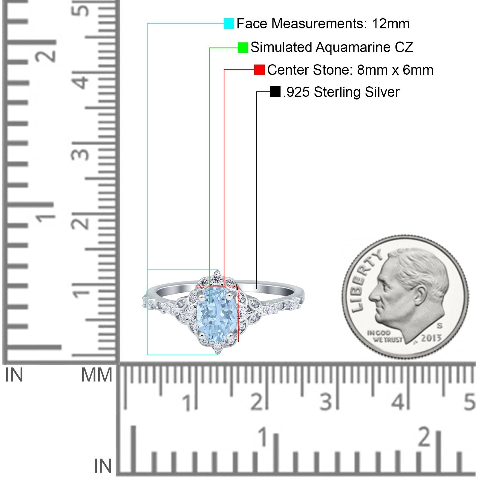 Oval Engagement Ring Accent Vintage Simulated Aquamarine CZ 925 Sterling Silver