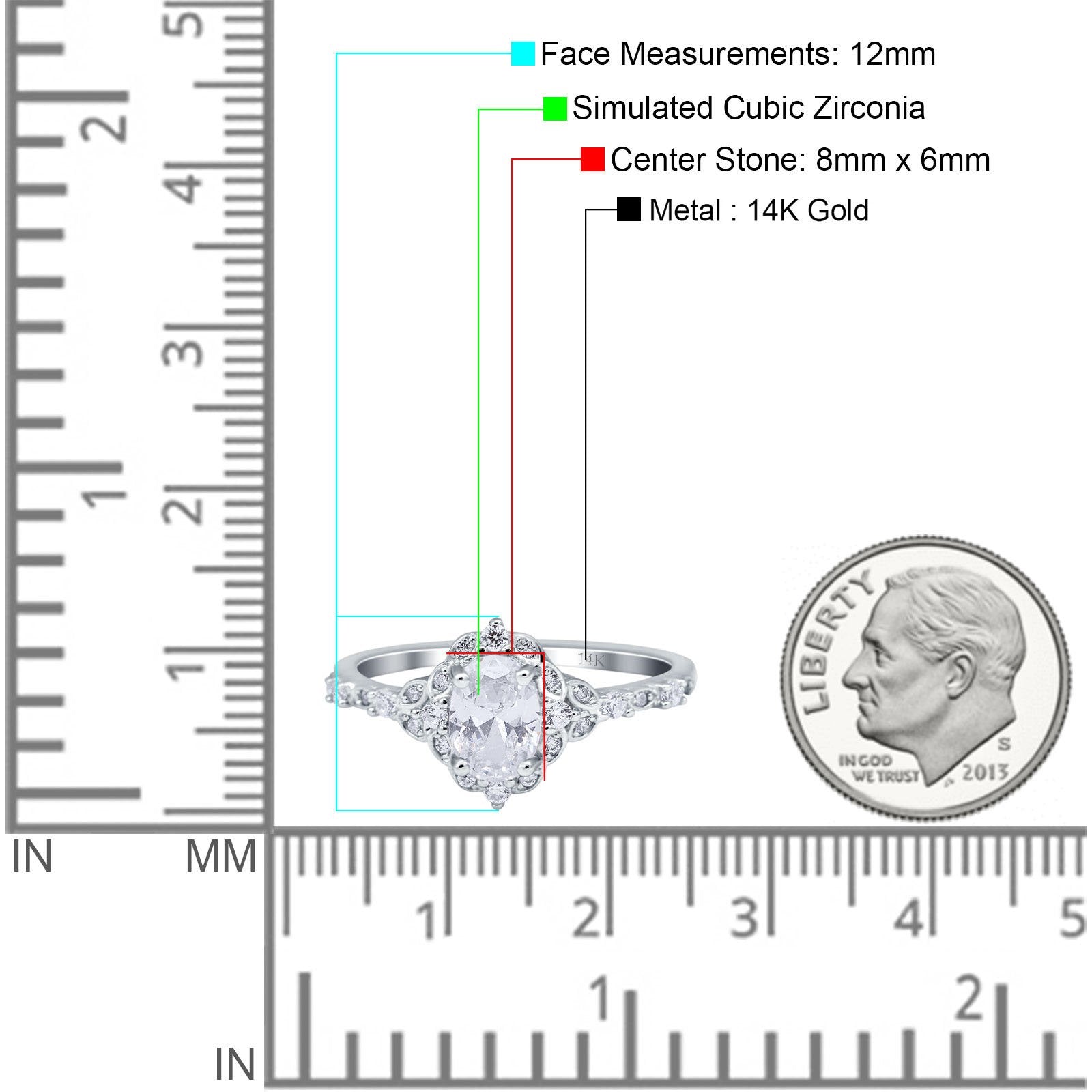 14K White Gold Oval Engagement Ring Vintage Accent Simulated Cubic Zirconia Size-7