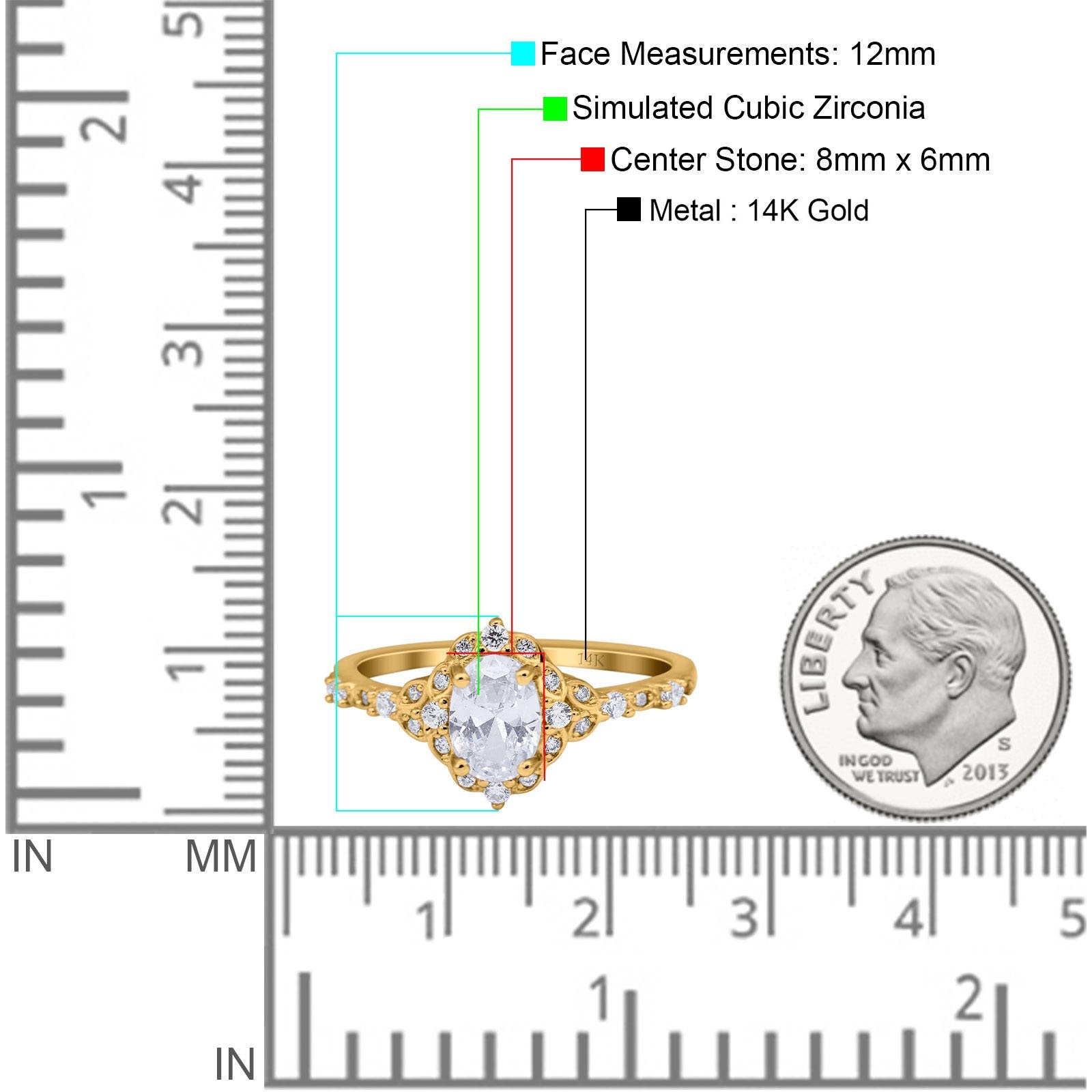 14K Yellow Gold Oval Engagement Ring Vintage Accent Simulated Cubic Zirconia Size-7