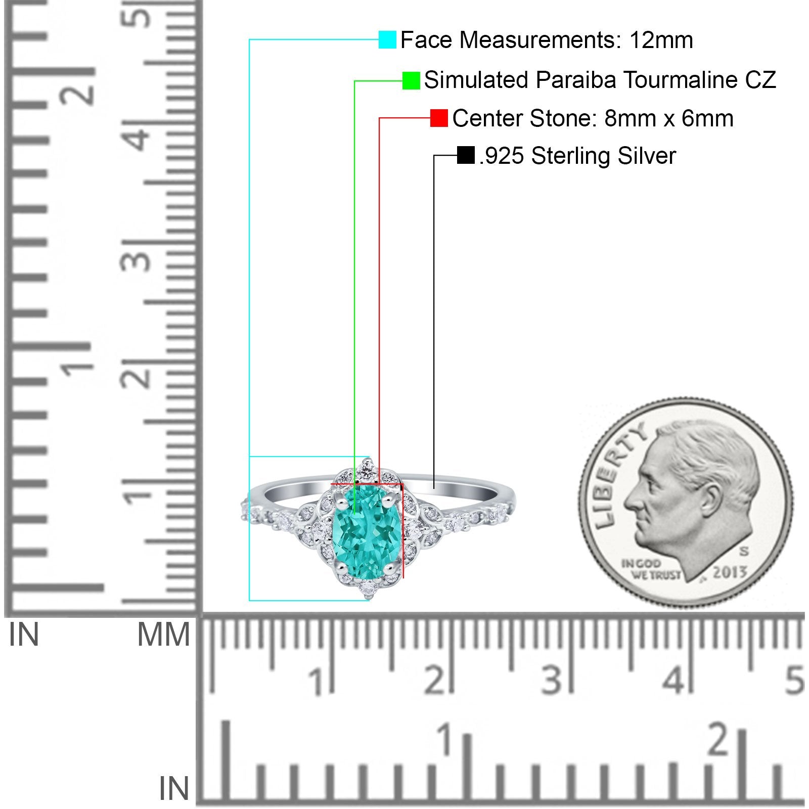 Oval Engagement Ring Accent Vintage Simulated Paraiba Tourmaline CZ 925 Sterling Silver