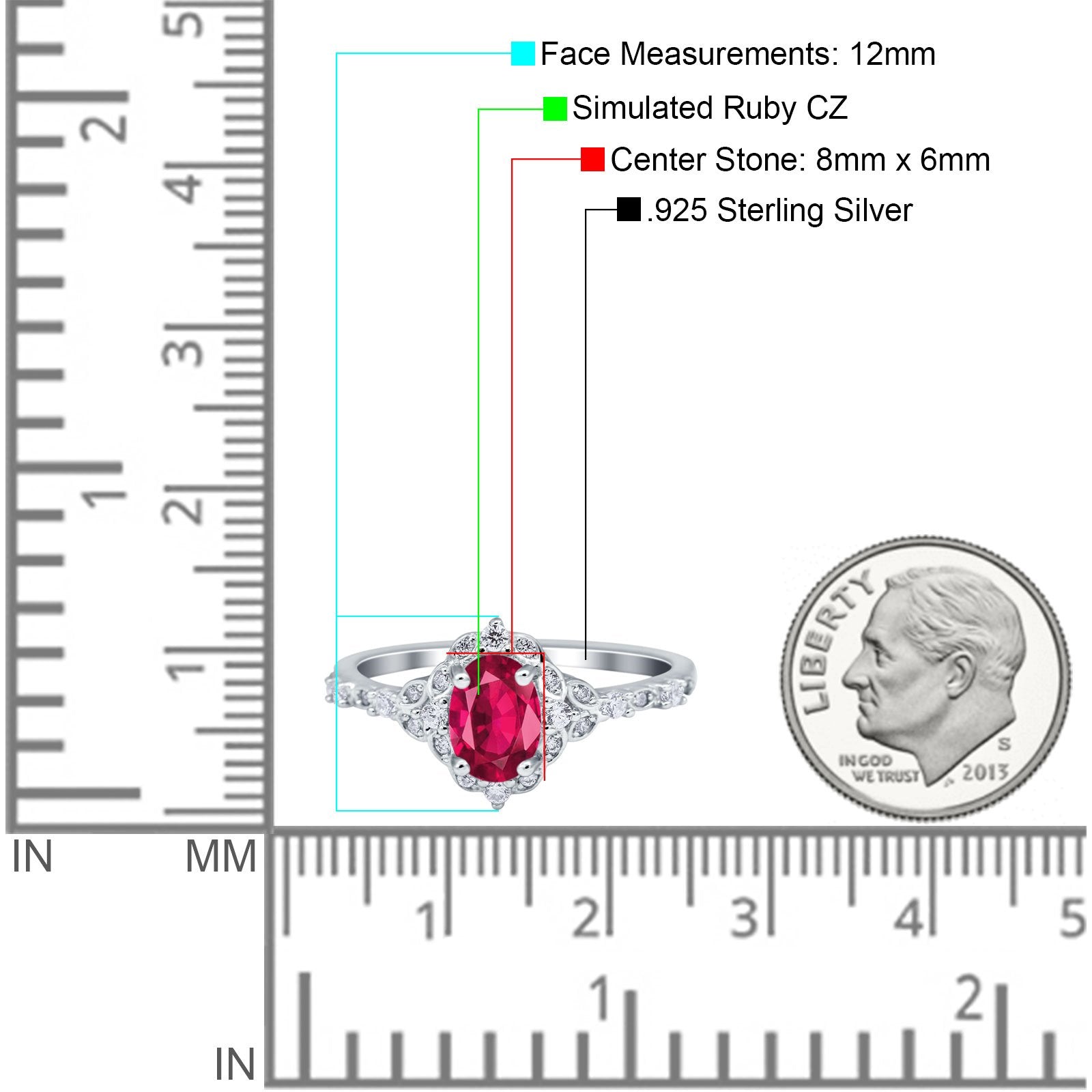 Oval Engagement Ring Accent Vintage Simulated Ruby CZ 925 Sterling Silver