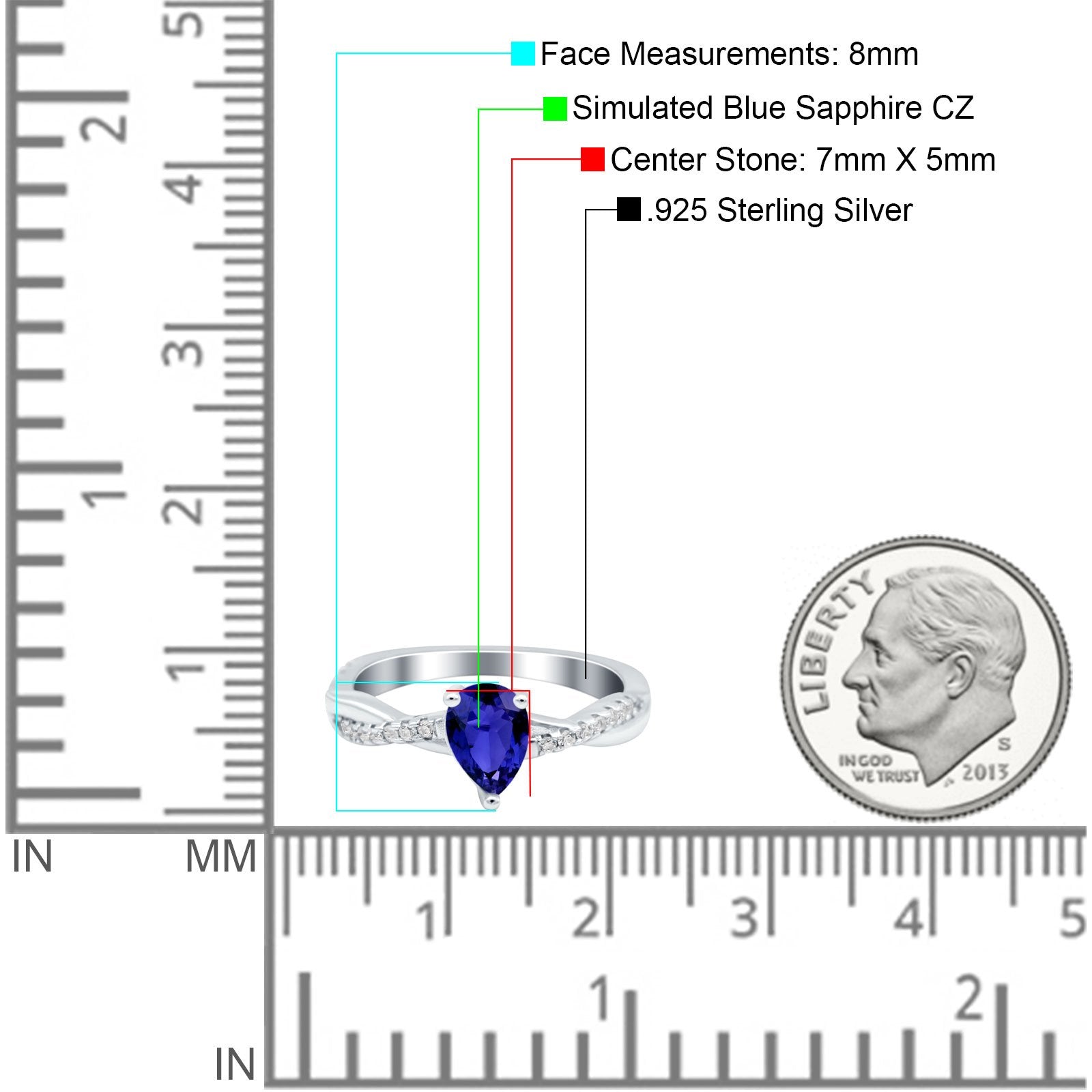 Pear Art Deco Wedding Ring Twisted Simulated Blue Sapphire CZ 925 Sterling Silver