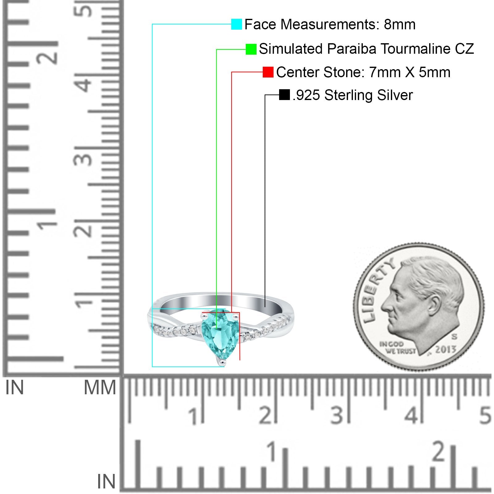Pear Art Deco Wedding Ring Twisted Simulated Paraiba Tourmaline CZ 925 Sterling Silver