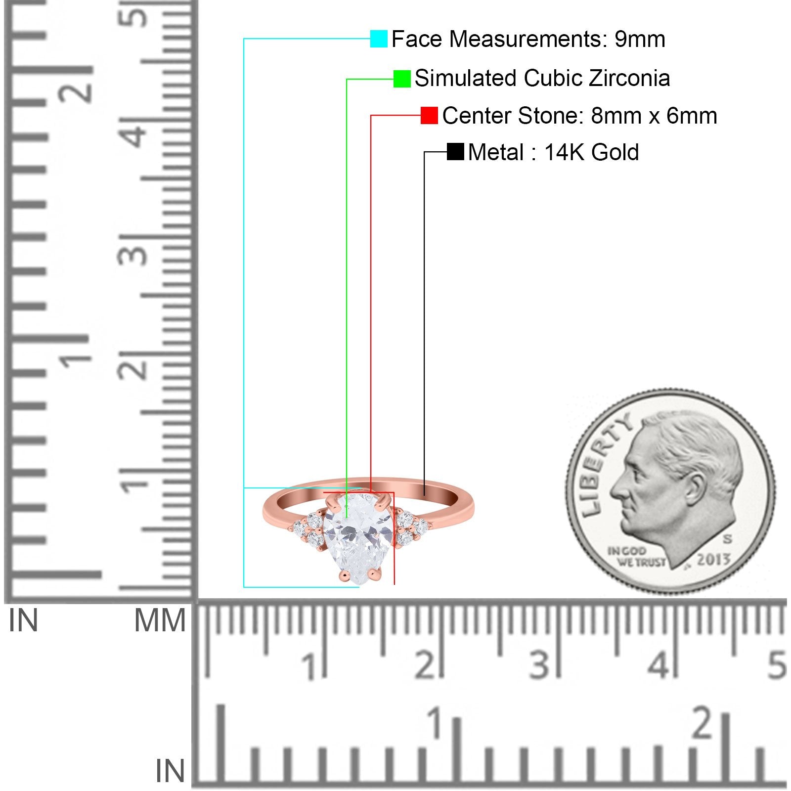 14K Rose Gold Teardrop Pear Art Deco Engagement Wedding Bridal Ring Round Simulated CZ Size-7