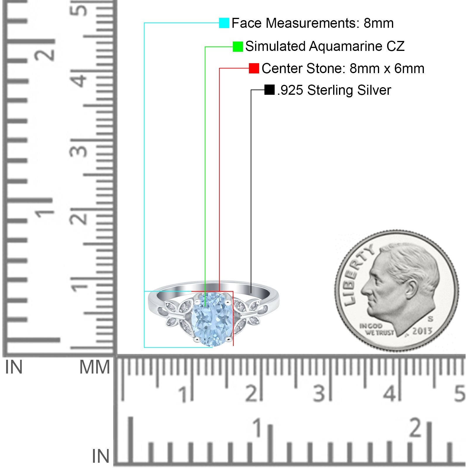 Butterfly Accent Oval Wedding Bridal Ring Simulated Aquamarine CZ 925 Sterling Silver