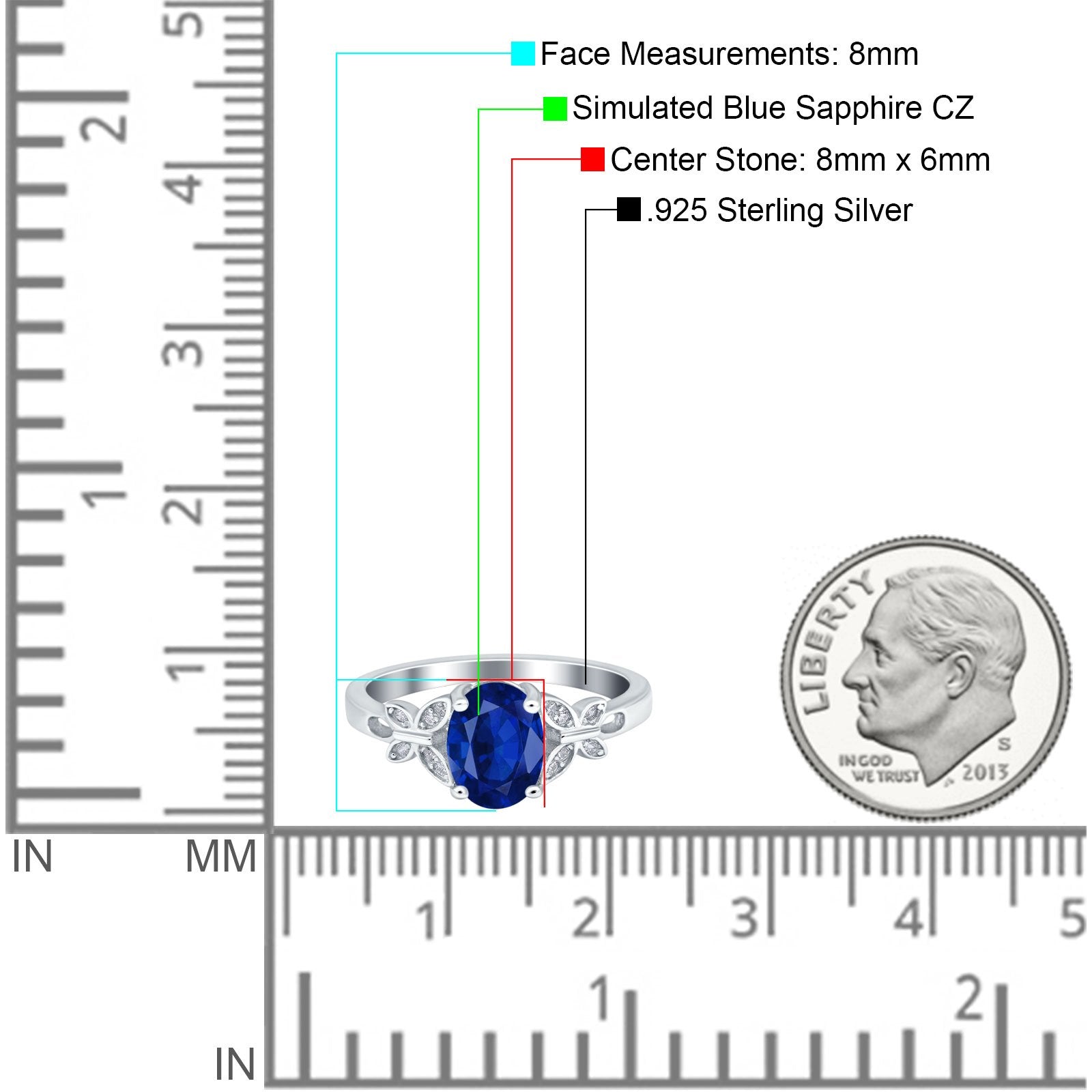 Butterfly Accent Oval Art Deco Engagement Wedding Bridal Ring Round Simulated Blue Sapphire CZ 925 Sterling Silver