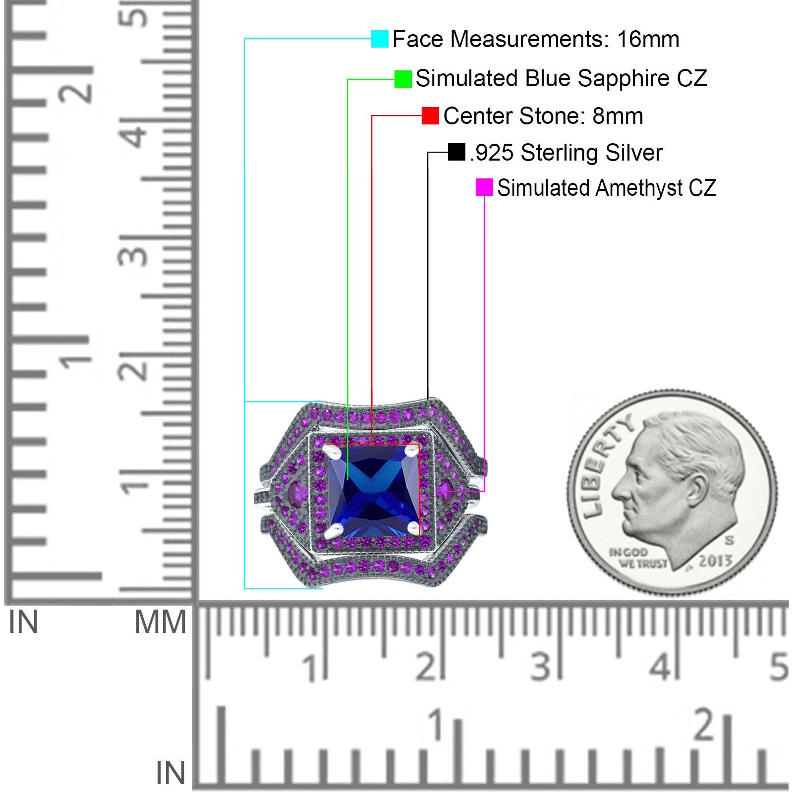 Three Piece Art Deco Princess Cut Wedding Ring Amethyst Simulated Blue Sapphire CZ 925 Sterling Silver