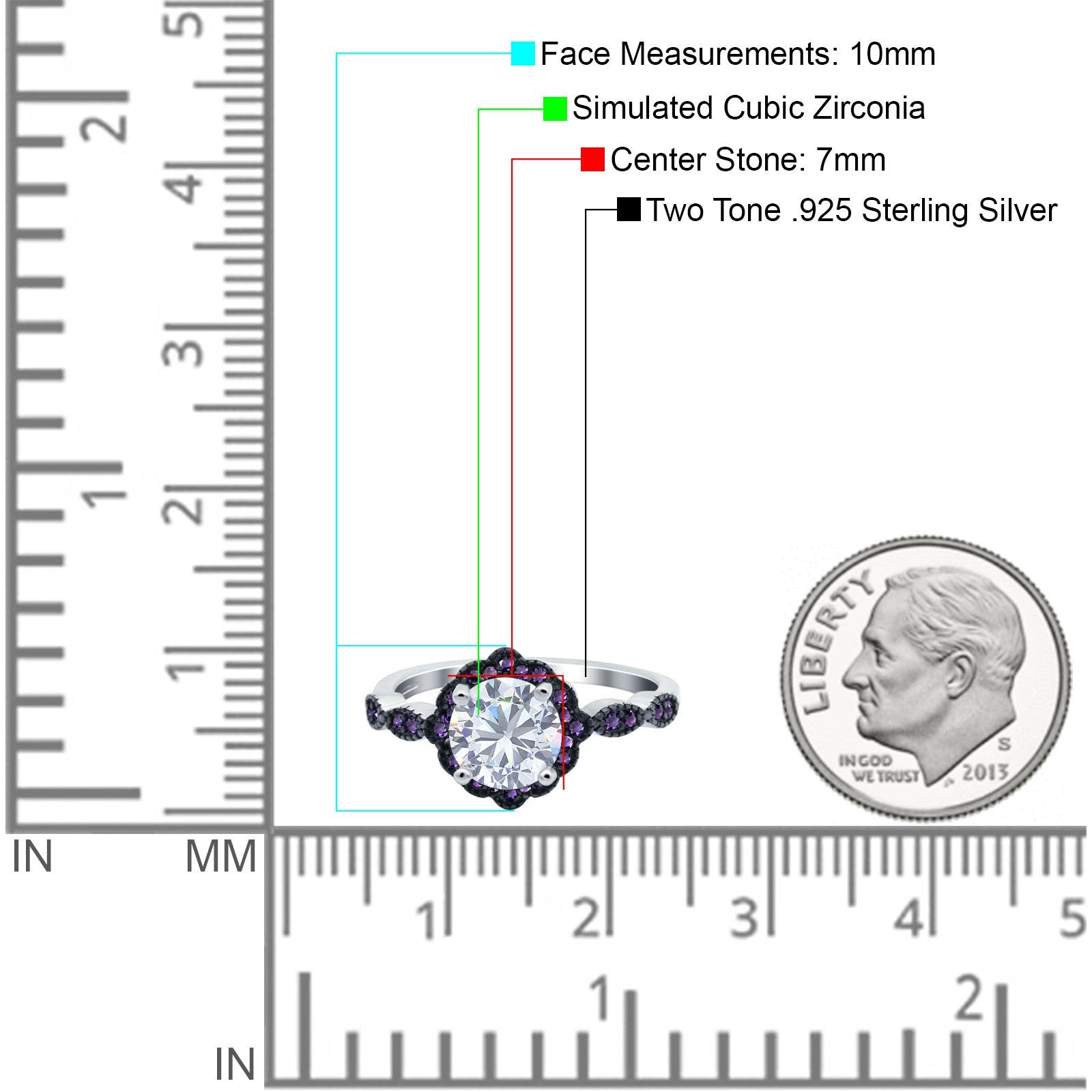 Flower Art Deco Engagement Ring Round Amethyst Simulated Cubic Zirconia 925 Sterling Silver