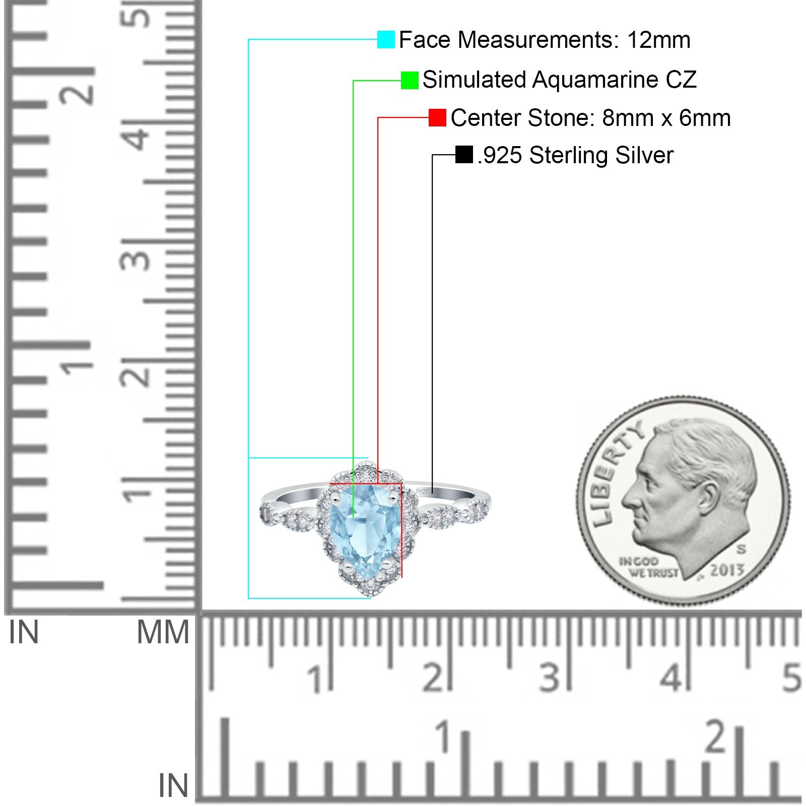 Teardrop Pear Art Deco Wedding Ring Simulated Aquamarine CZ 925 Sterling Silver
