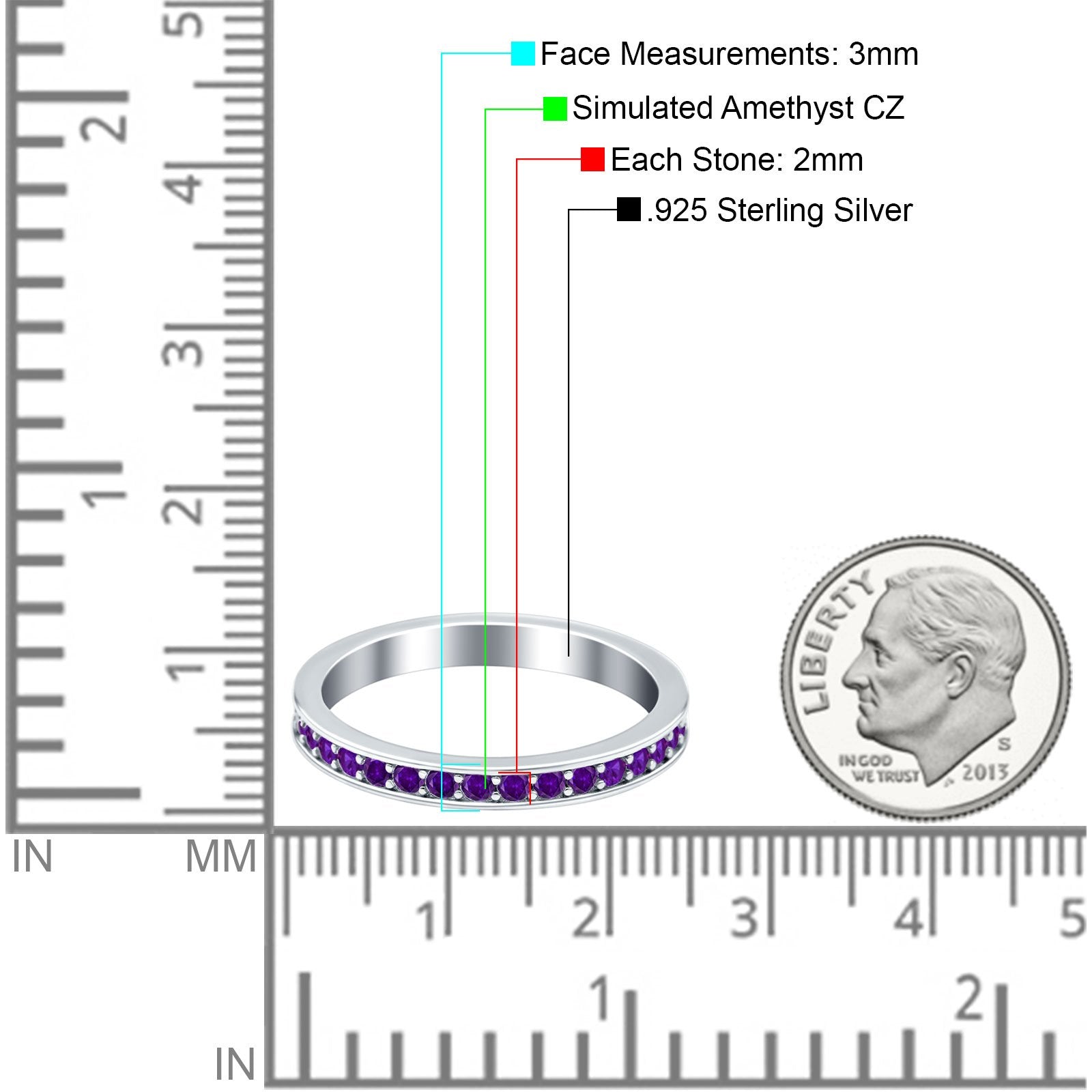 Full Eternity Stackable Band Wedding Ring Simulated Amethyst CZ 925 Sterling Silver