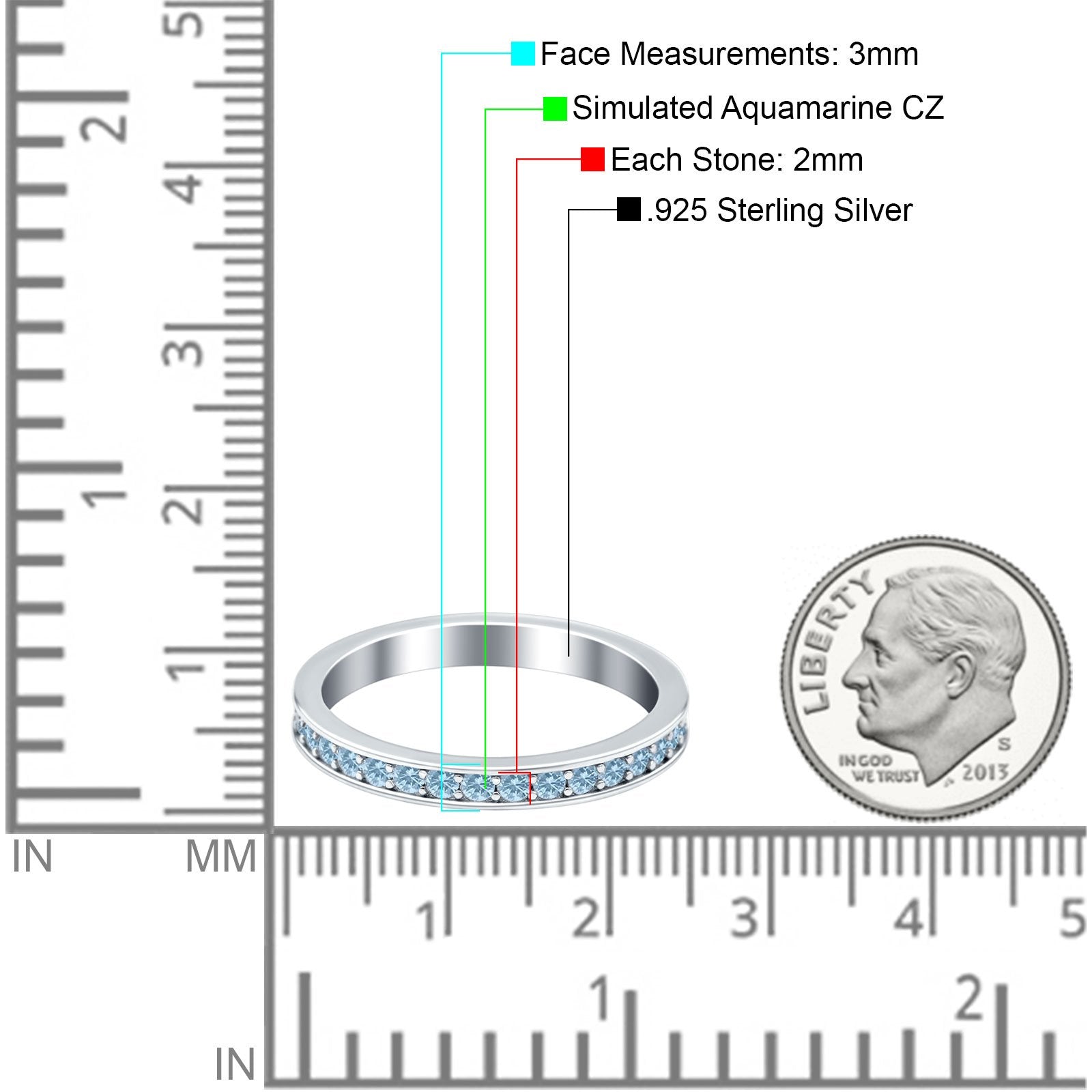 Full Eternity Stackable Band Wedding Ring Simulated Aquamarine CZ 925 Sterling Silver
